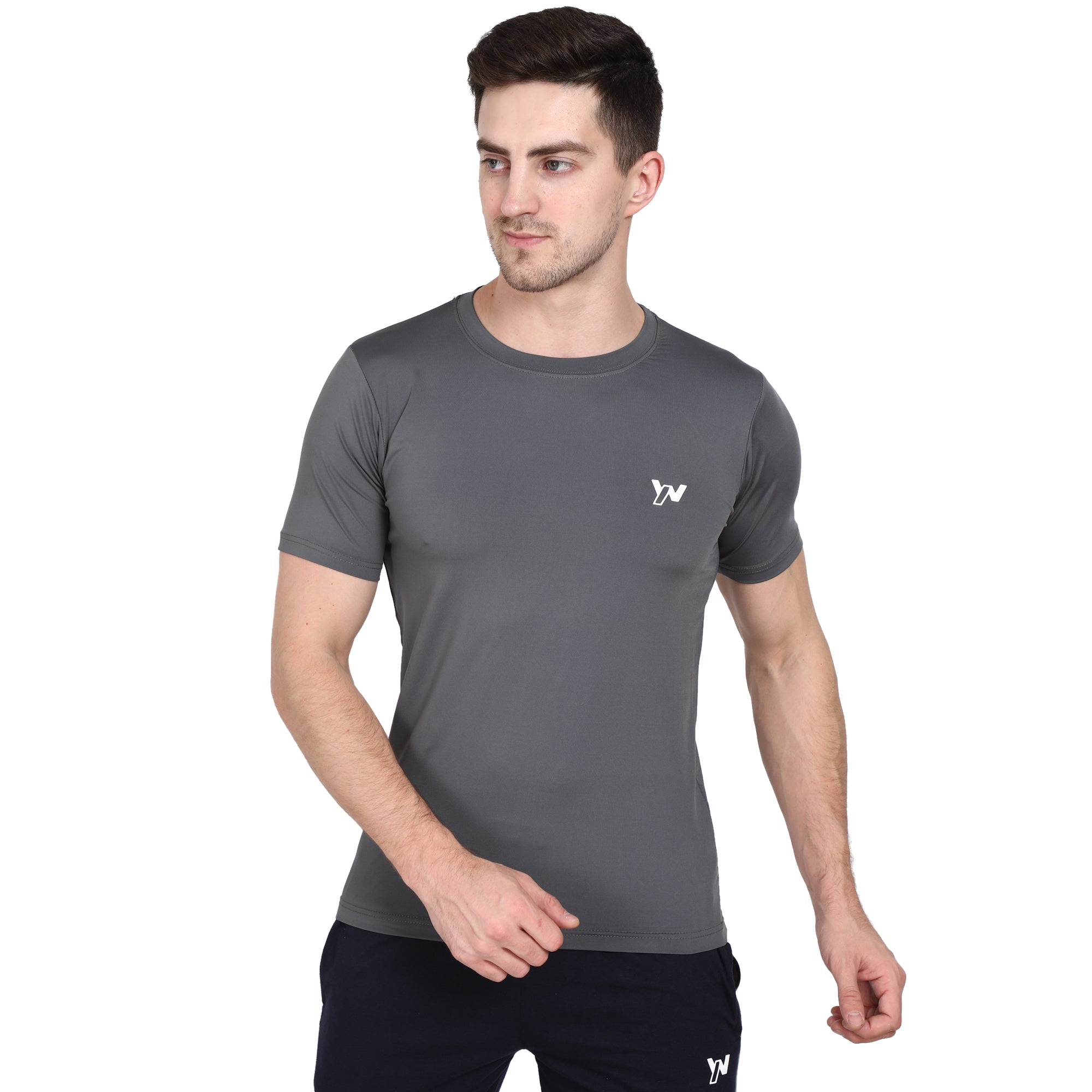 Men Solid Round Neck Half Sleeve DryFit T-shirt Four Way Lycra Stretch  Dry fit Dark Grey Colour
