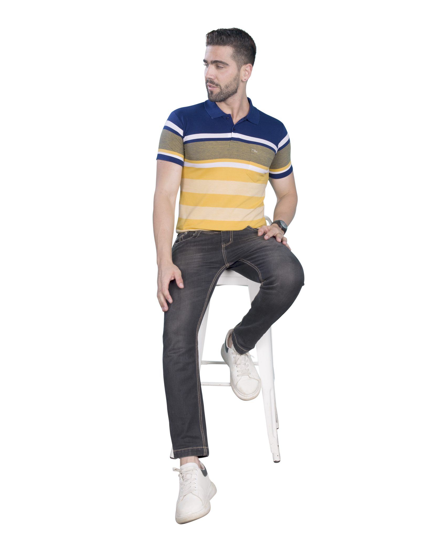 Matty Cotton Polo Multicolor T Shirt - Blue & Yellow