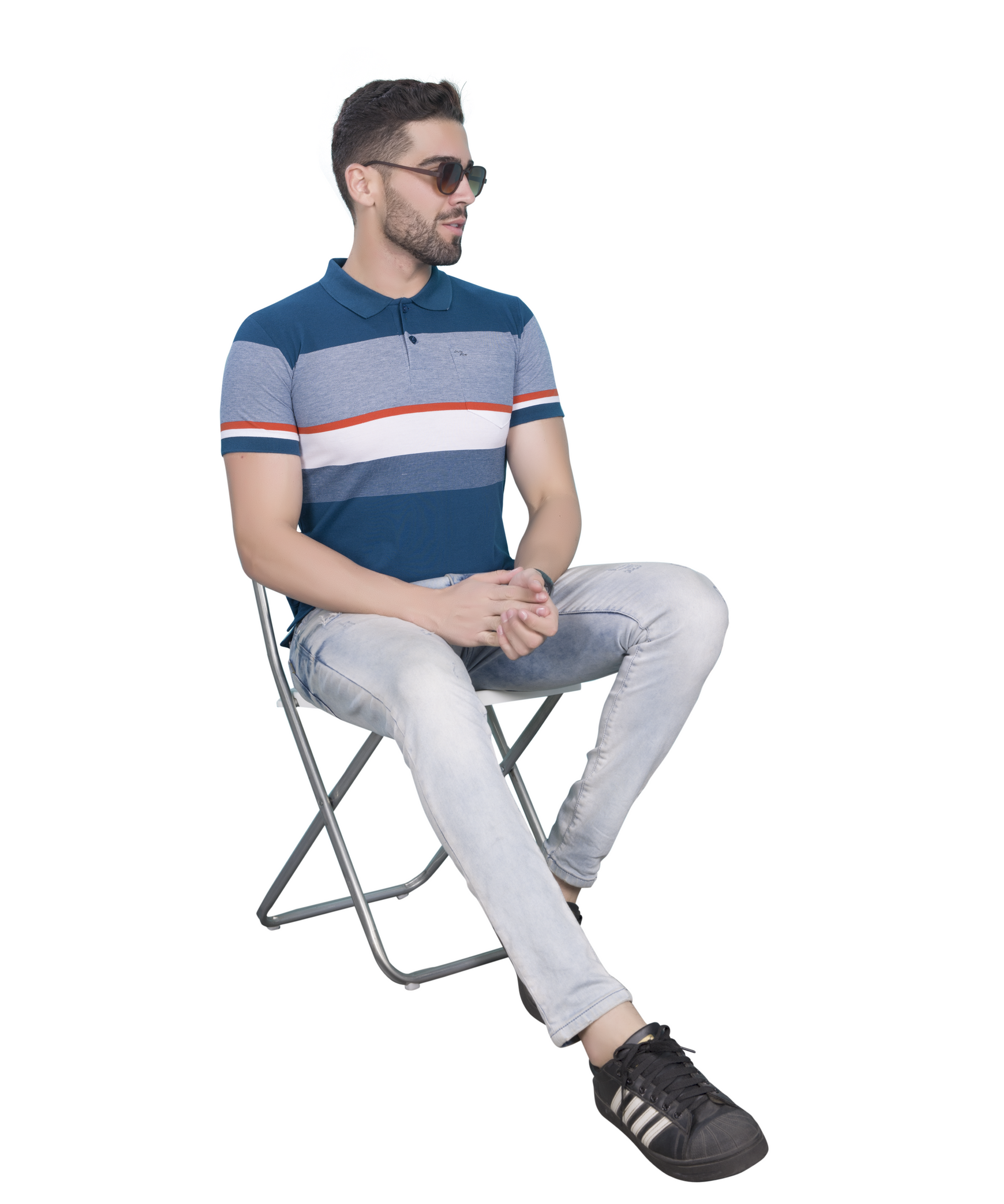 Matty Cotton Polo Multicolor T Shirt - Sky Blue & White