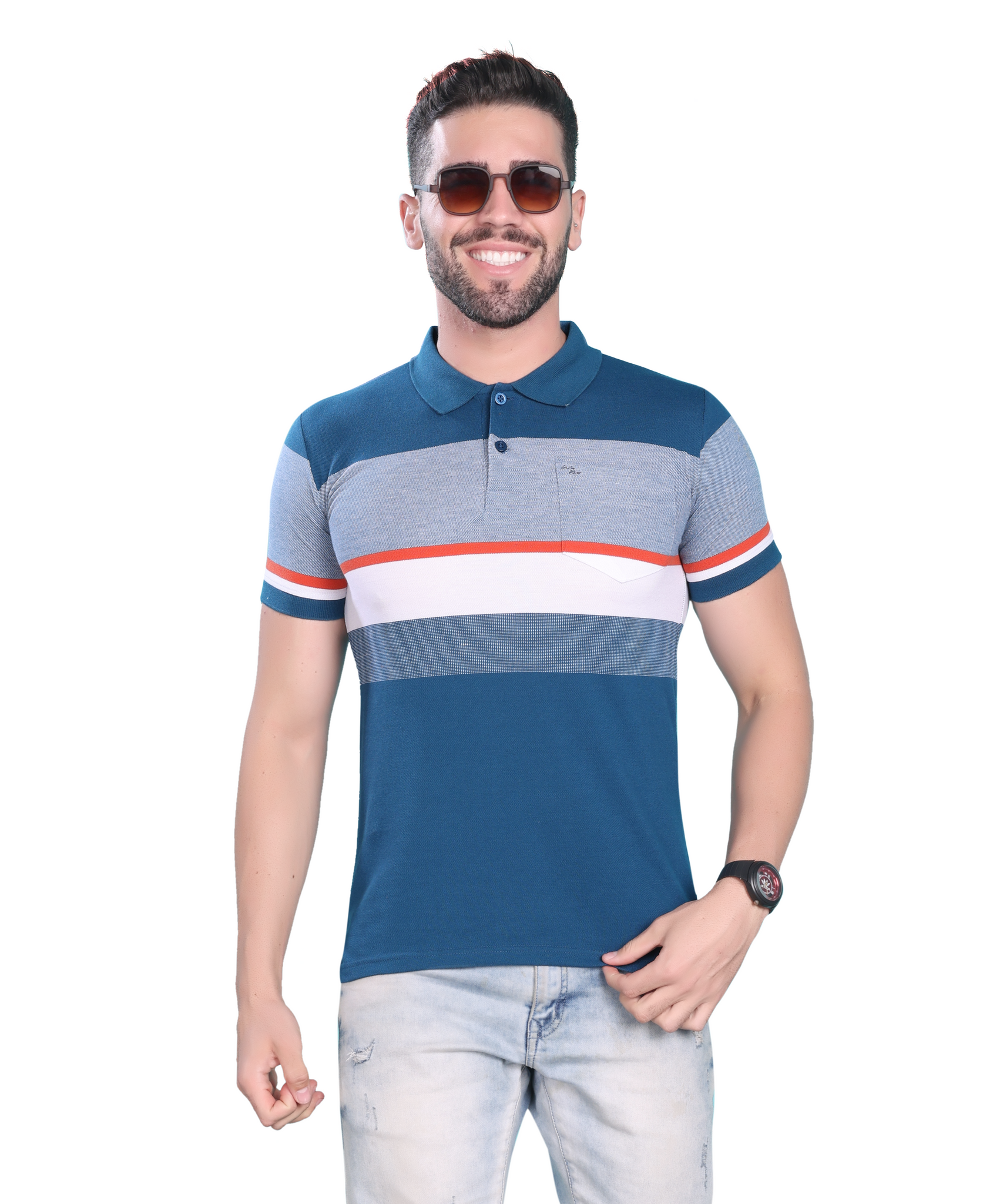 Matty Cotton Polo Multicolor T Shirt - Sky Blue & White