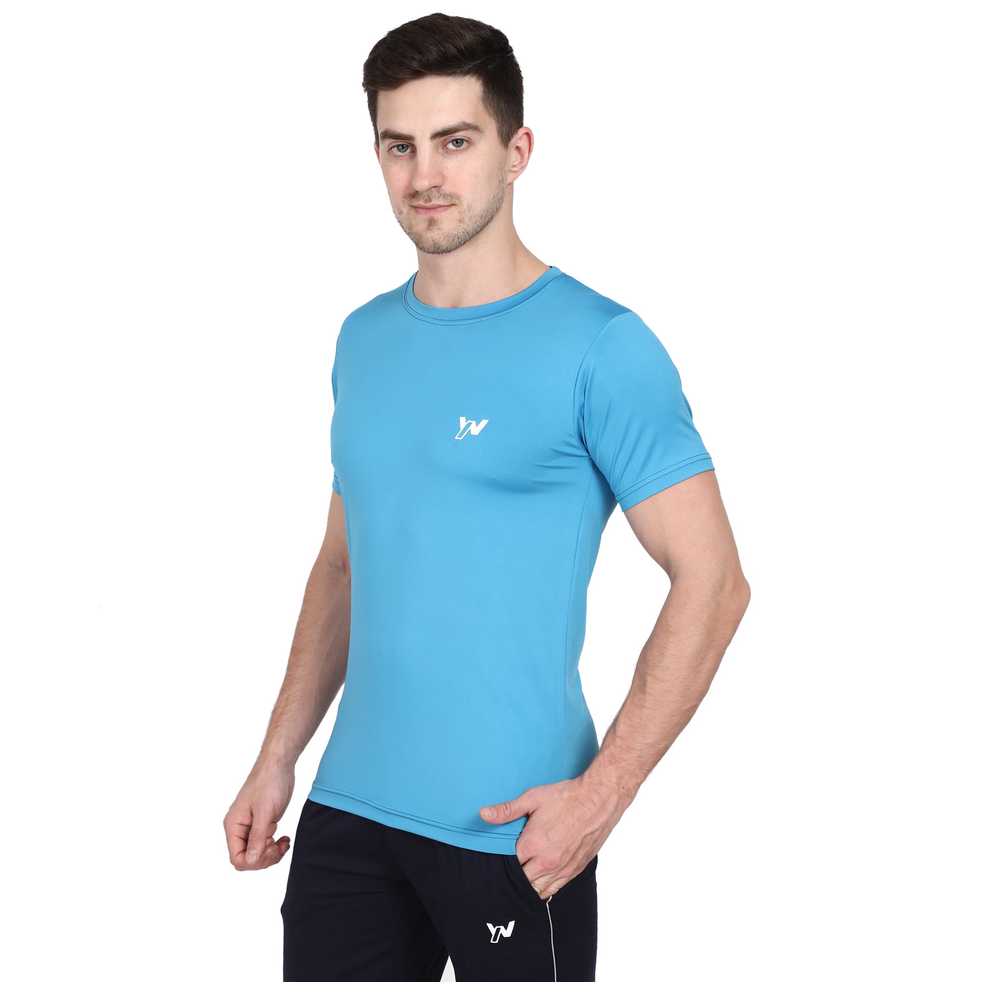 Men Solid Round Neck Half Sleeve DryFit T-shirt | Four Way Lycra Stretch | Dry fit | Cyan Blue Colour