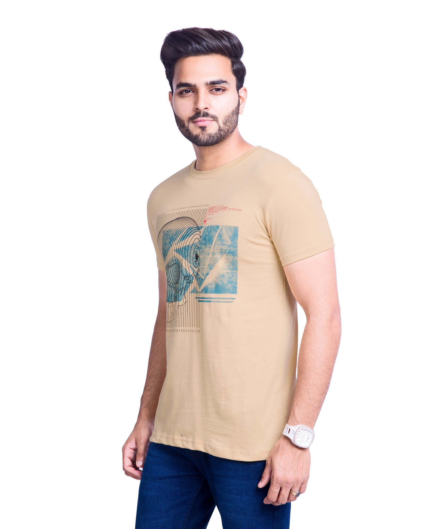 Round Neck Cotton Printed T Shirt- Beige