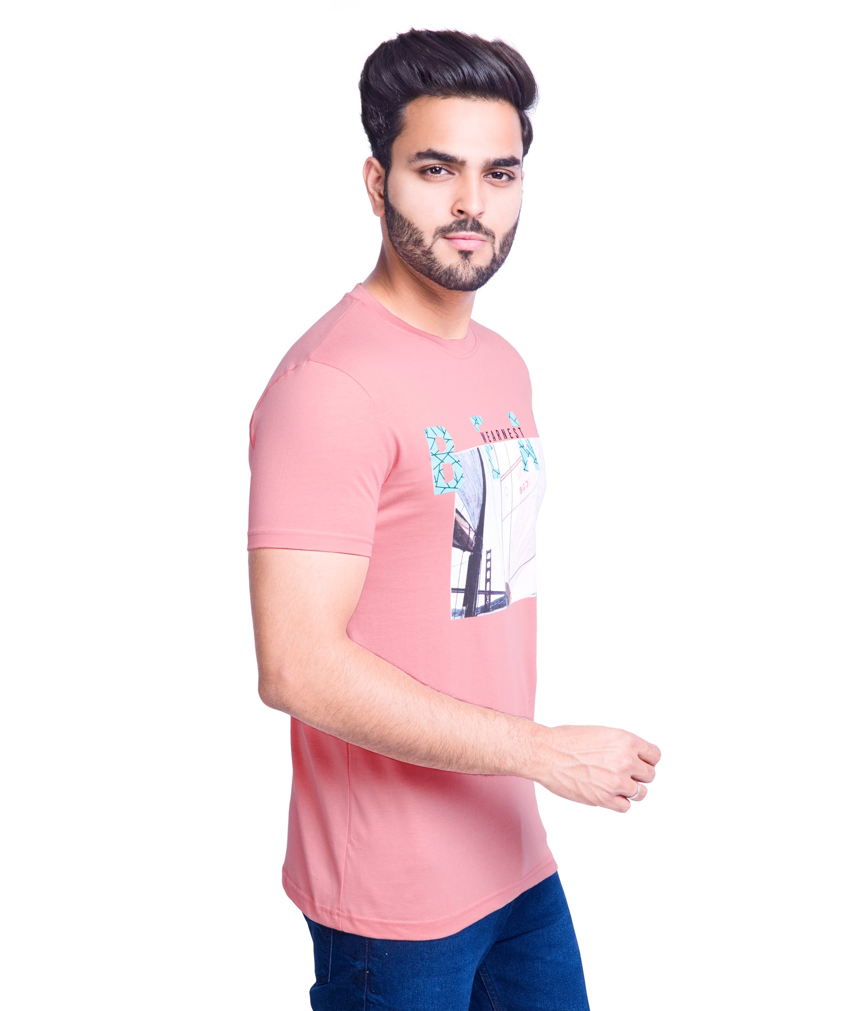 Round Neck Cotton Printed T Shirt- Peach