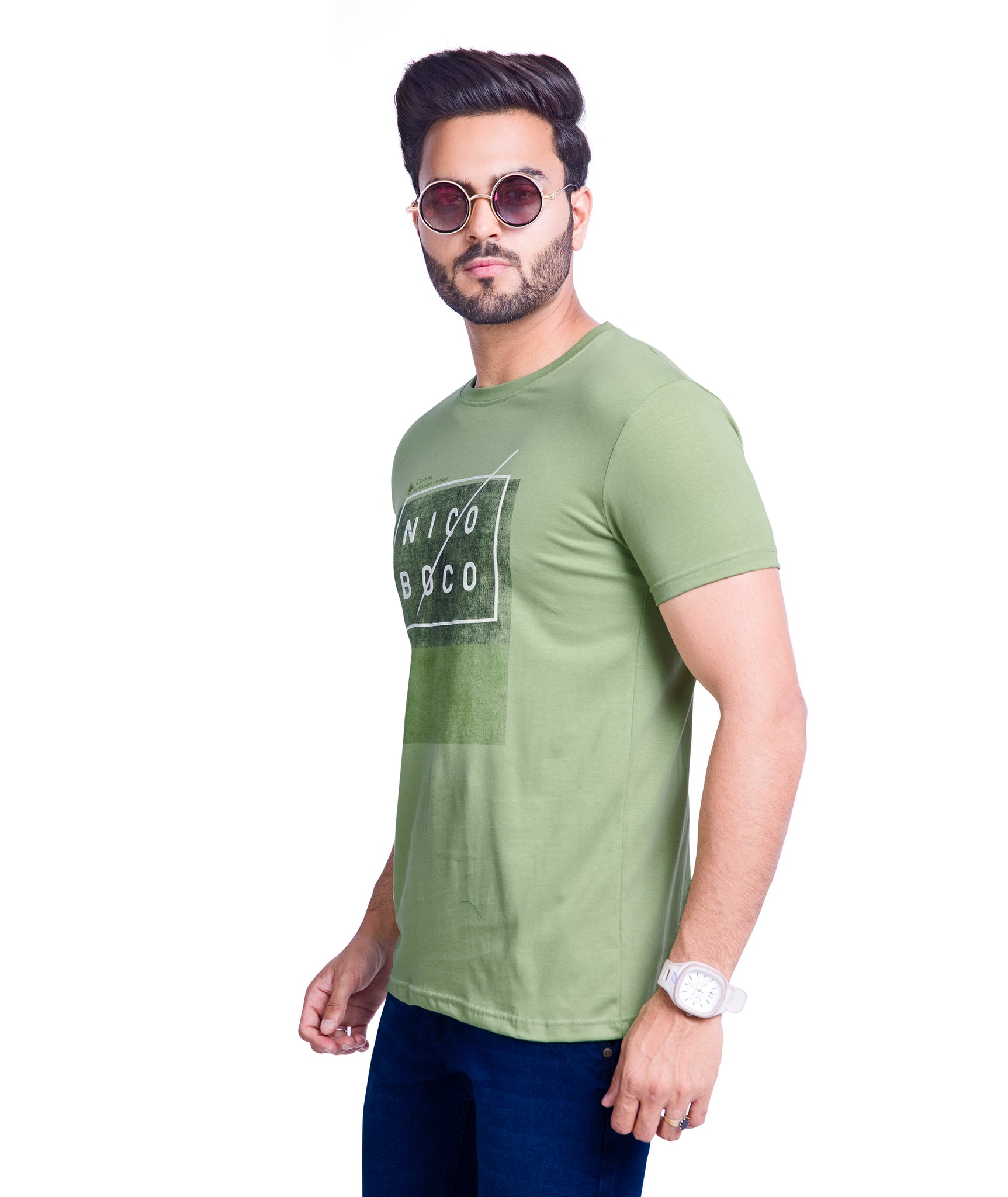 Round Neck Cotton Printed T Shirt- Olive Green