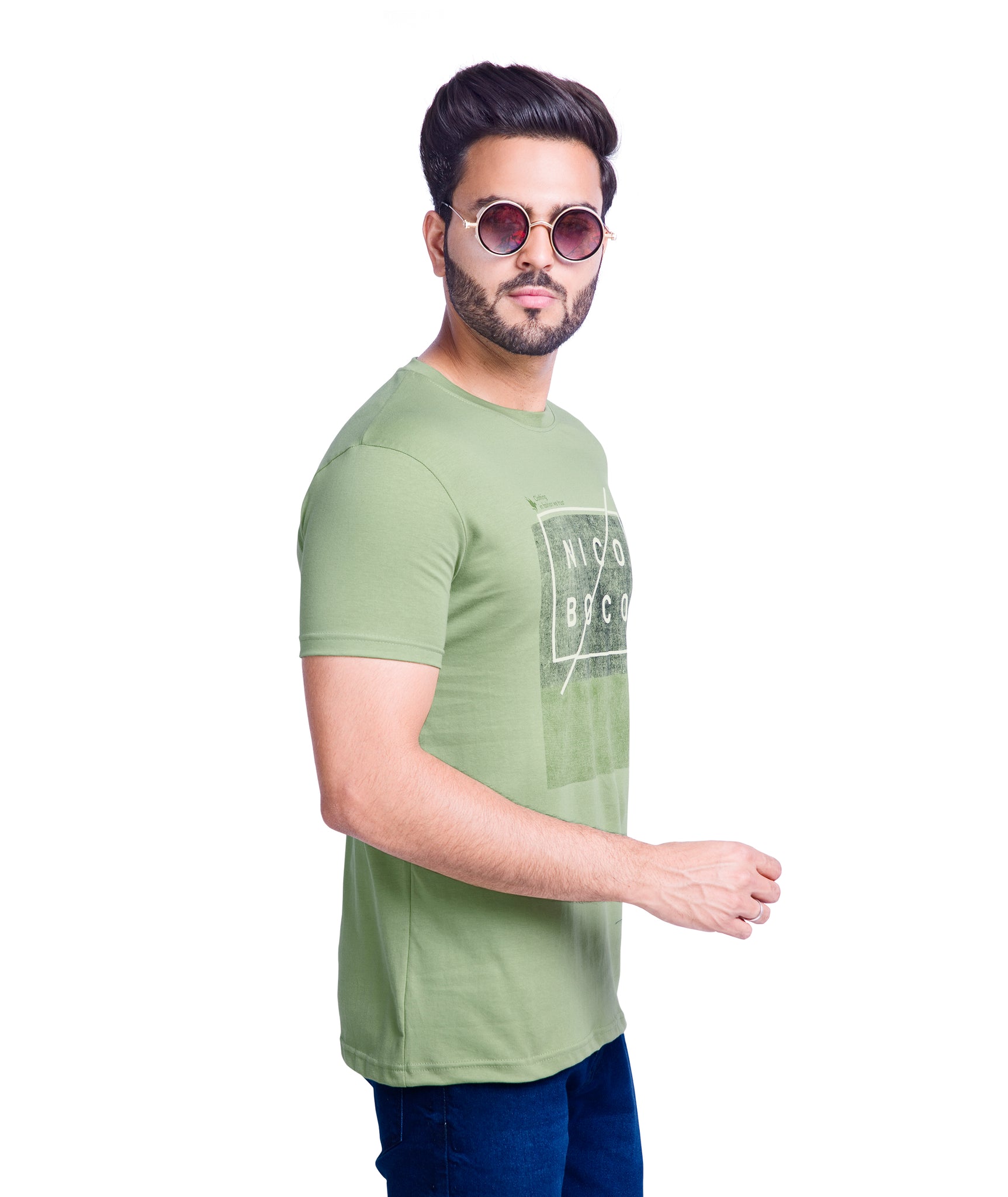 Round Neck Cotton Printed T Shirt- Olive Green