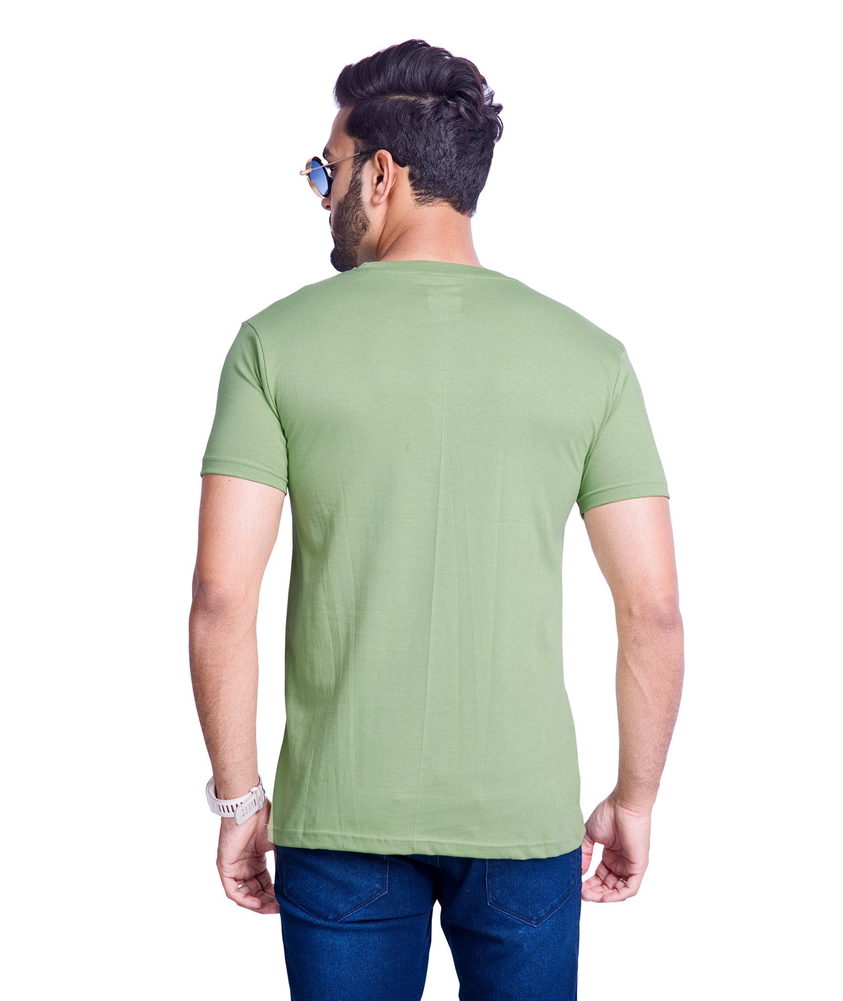 Round Neck Cotton Printed T Shirt- Olive Green