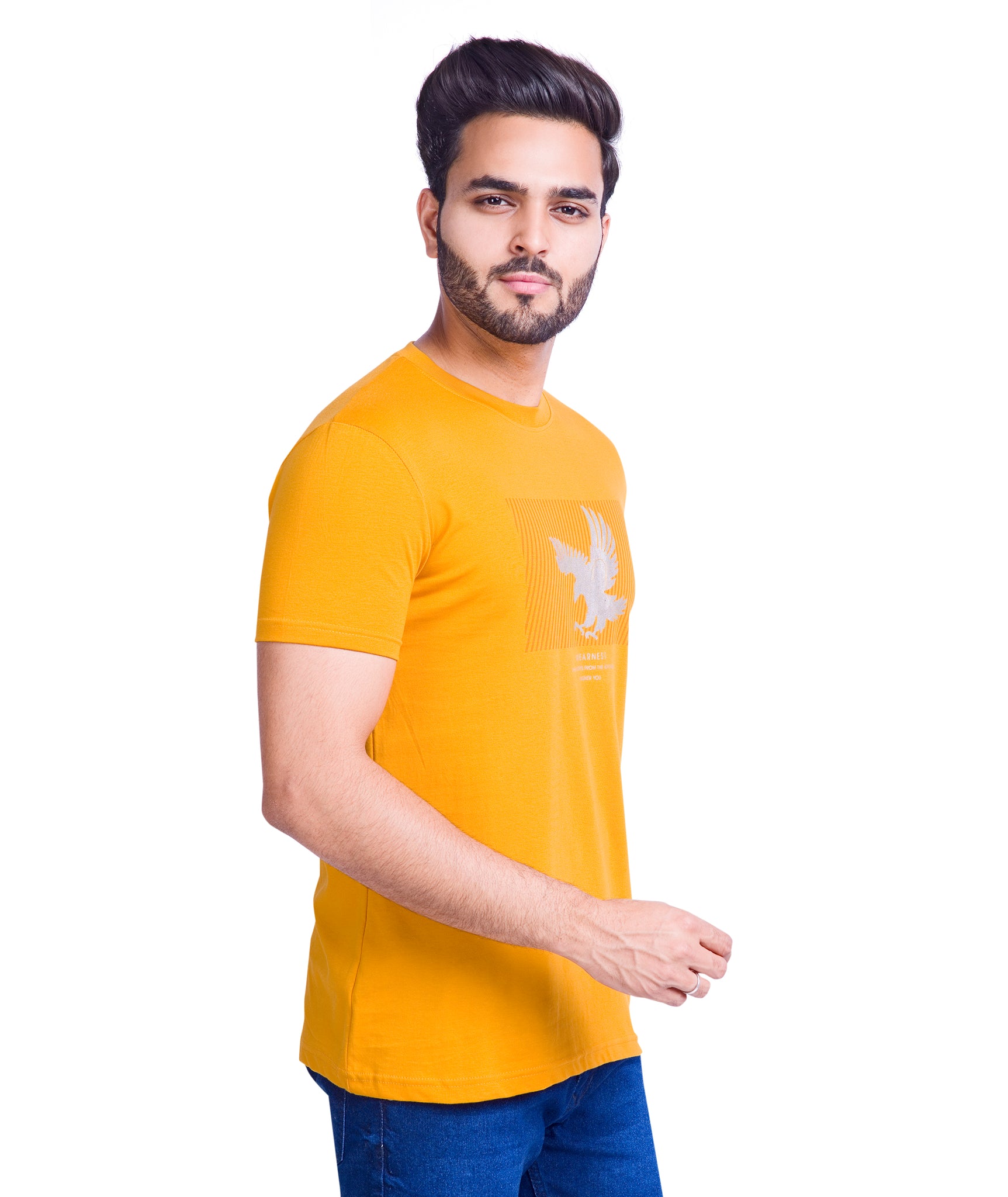 Round Neck Cotton Printed T Shirt- Chrome Yellow