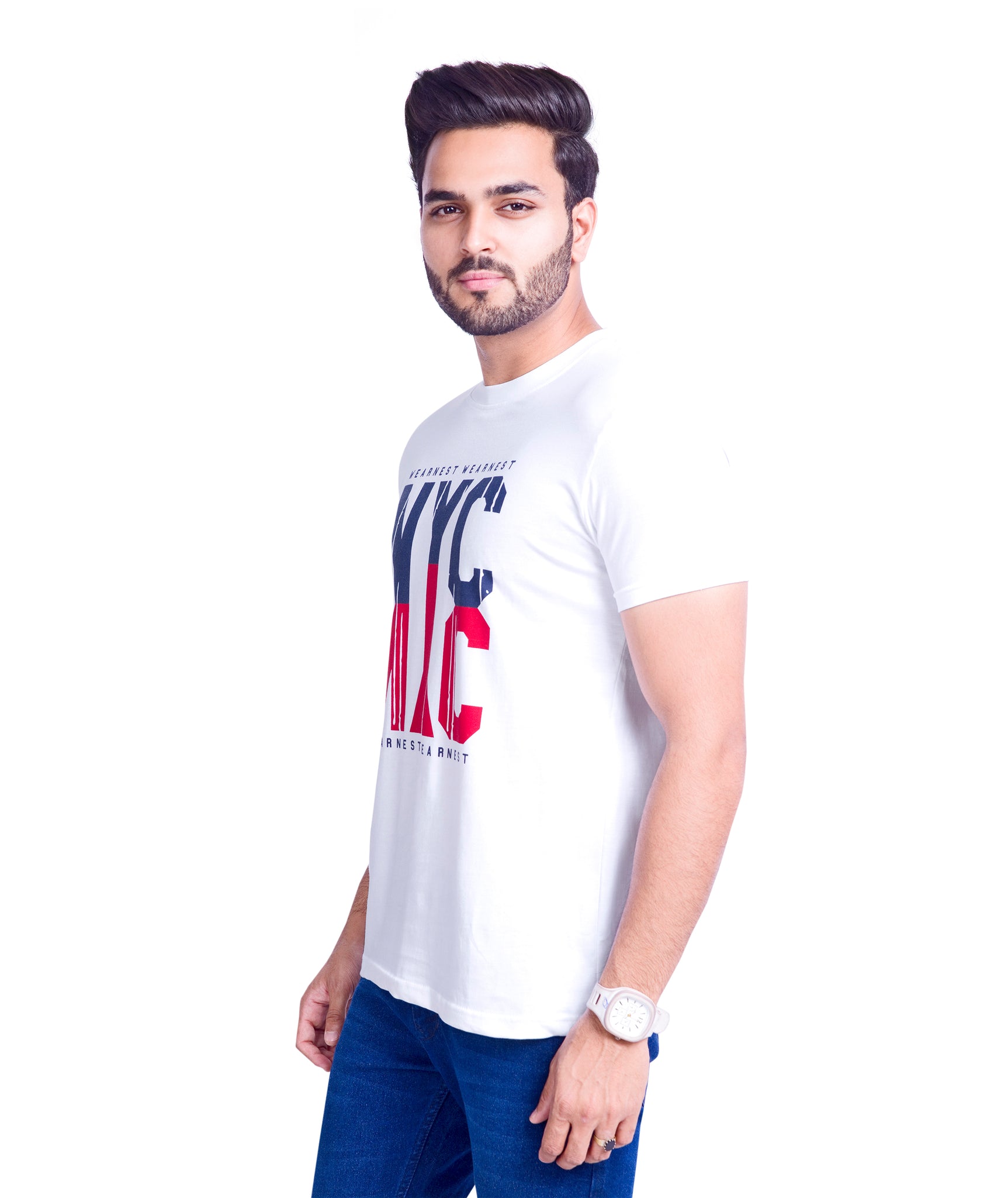 Round Neck Cotton Printed T Shirt- White