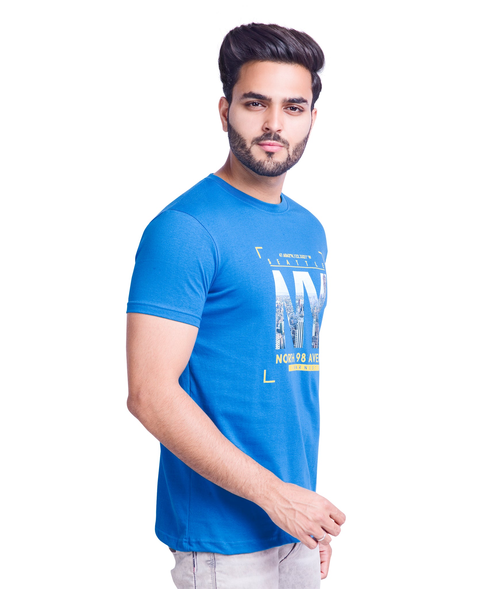 Round Neck Cotton Printed T Shirt- India Blue