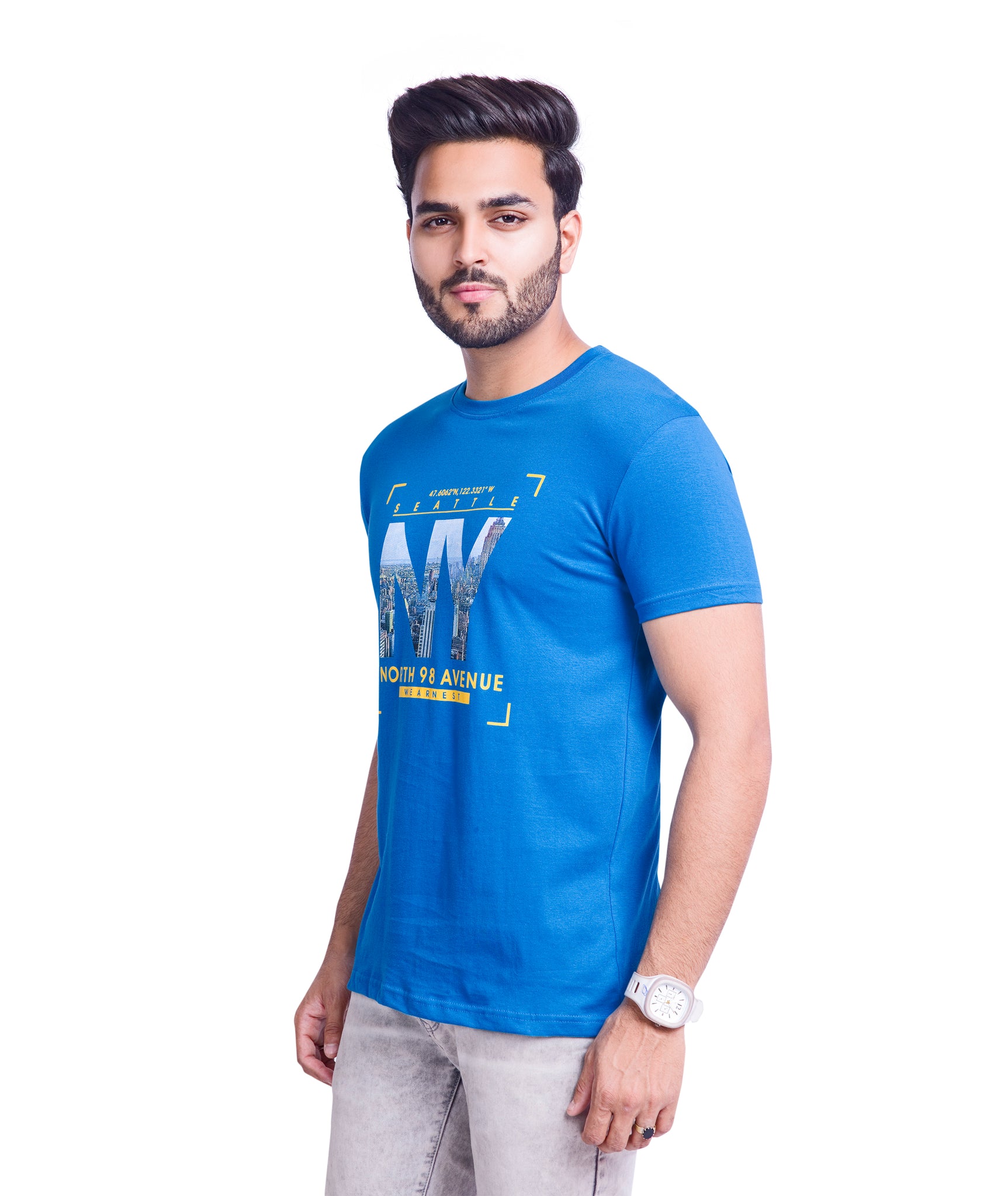 Round Neck Cotton Printed T Shirt- India Blue
