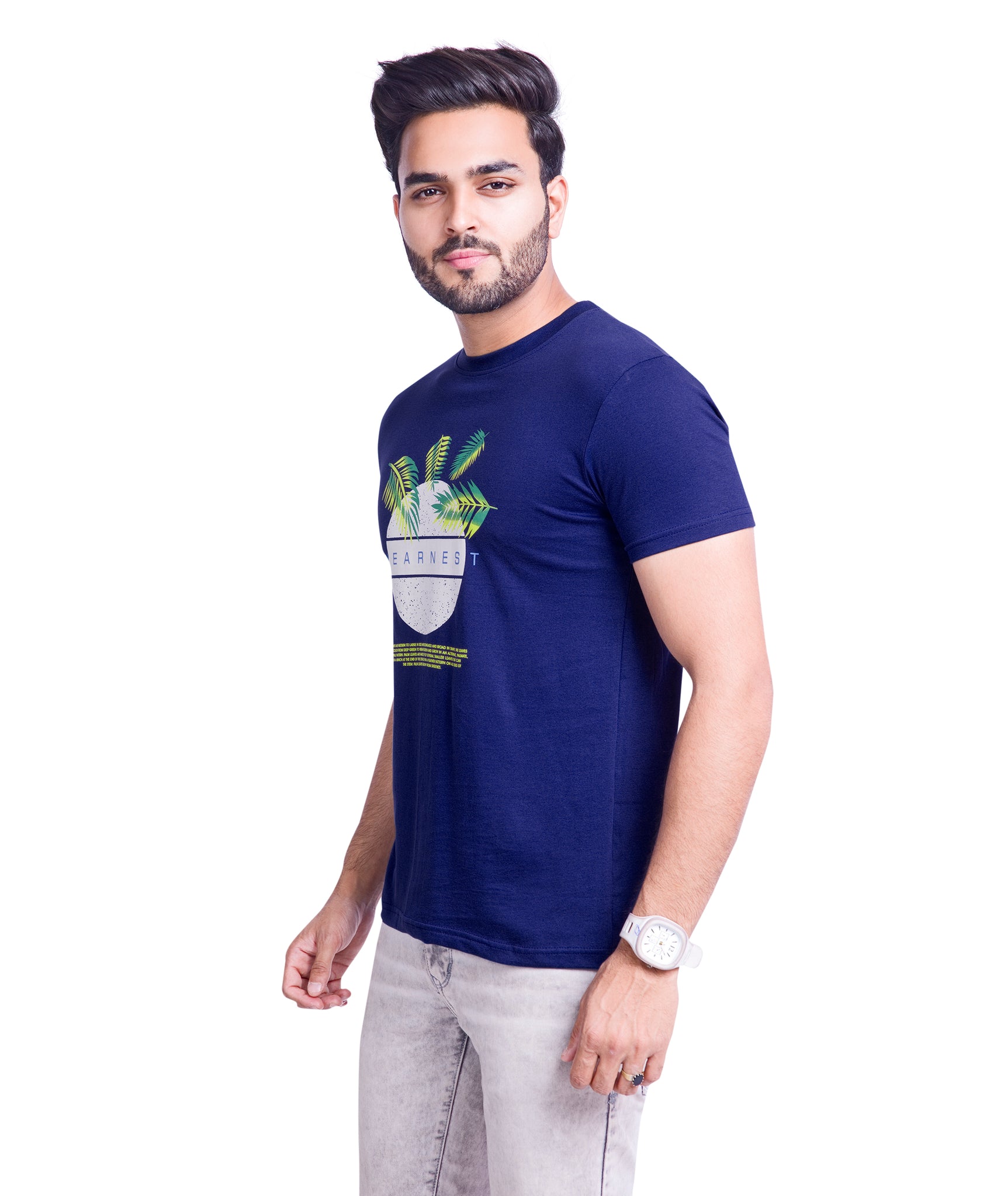 Round Neck Cotton Printed T Shirt- Navy Blue