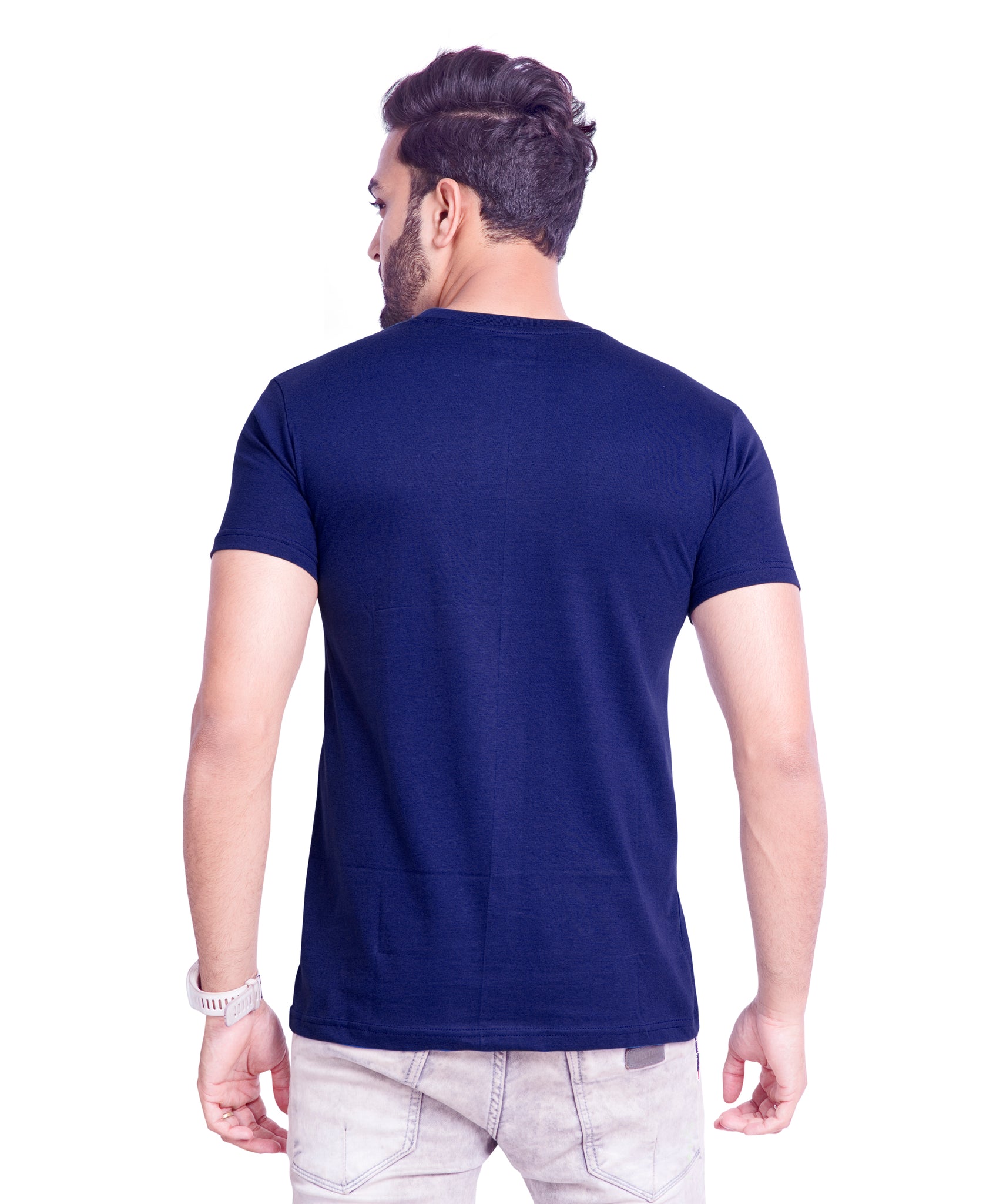 Round Neck Cotton Printed T Shirt- Navy Blue