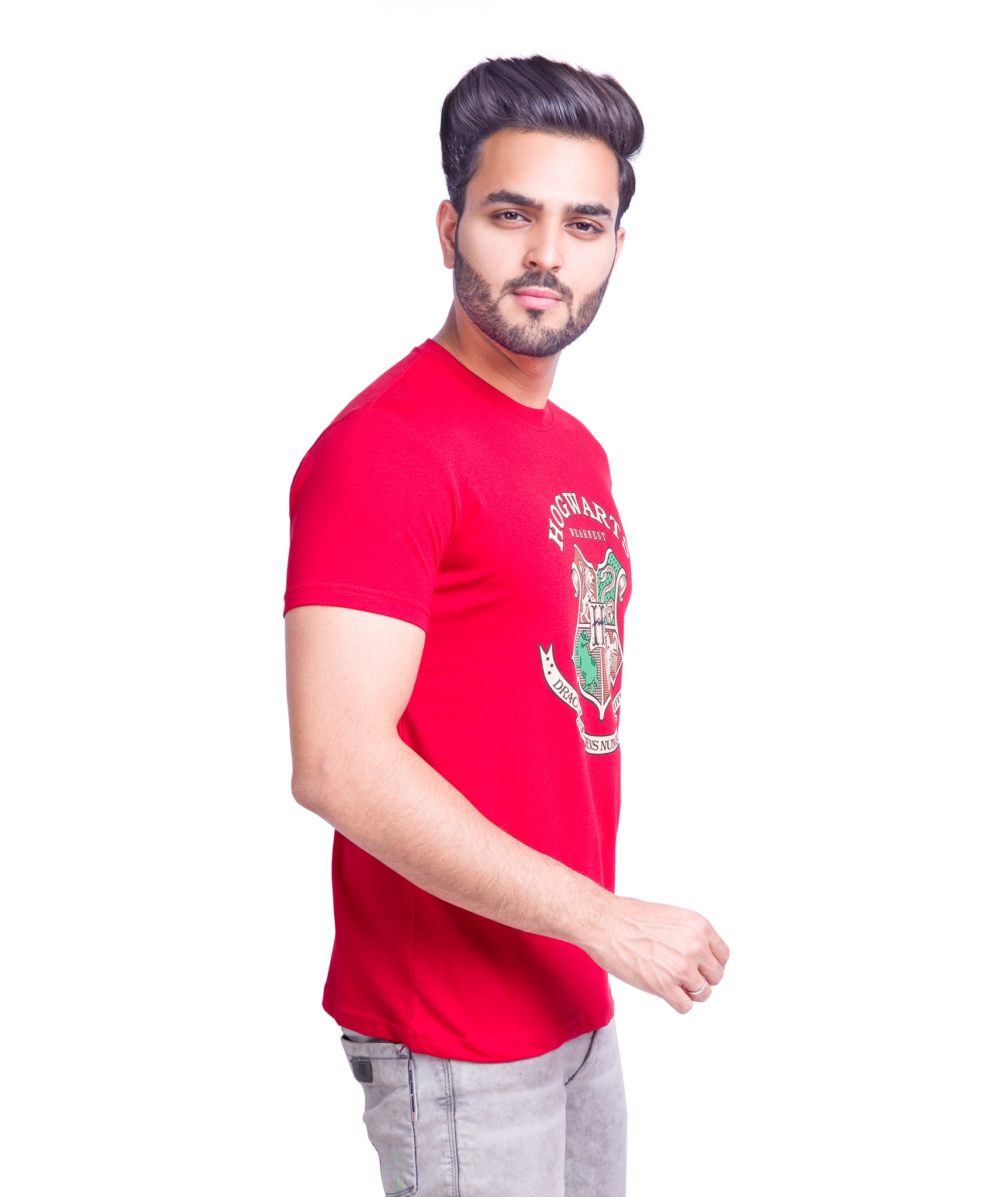 Round Neck Cotton Printed T Shirt- Red