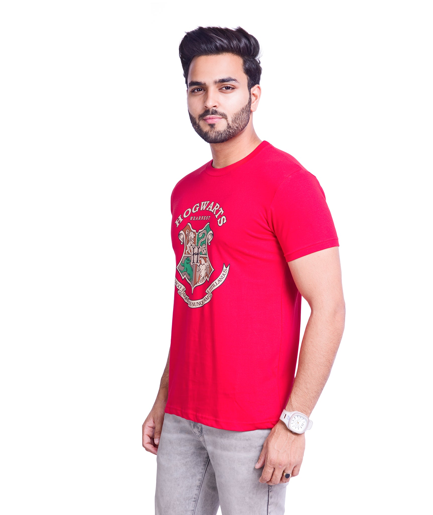 Round Neck Cotton Printed T Shirt- Red