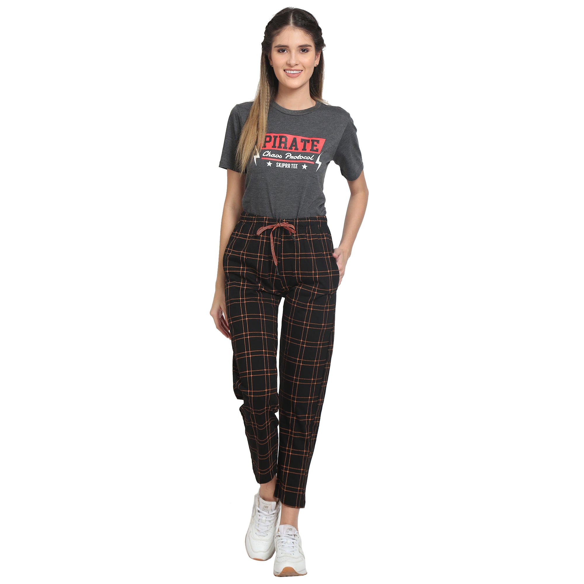 Women Lounge Printed Pants with chain pockets | Orange Check Print Colour