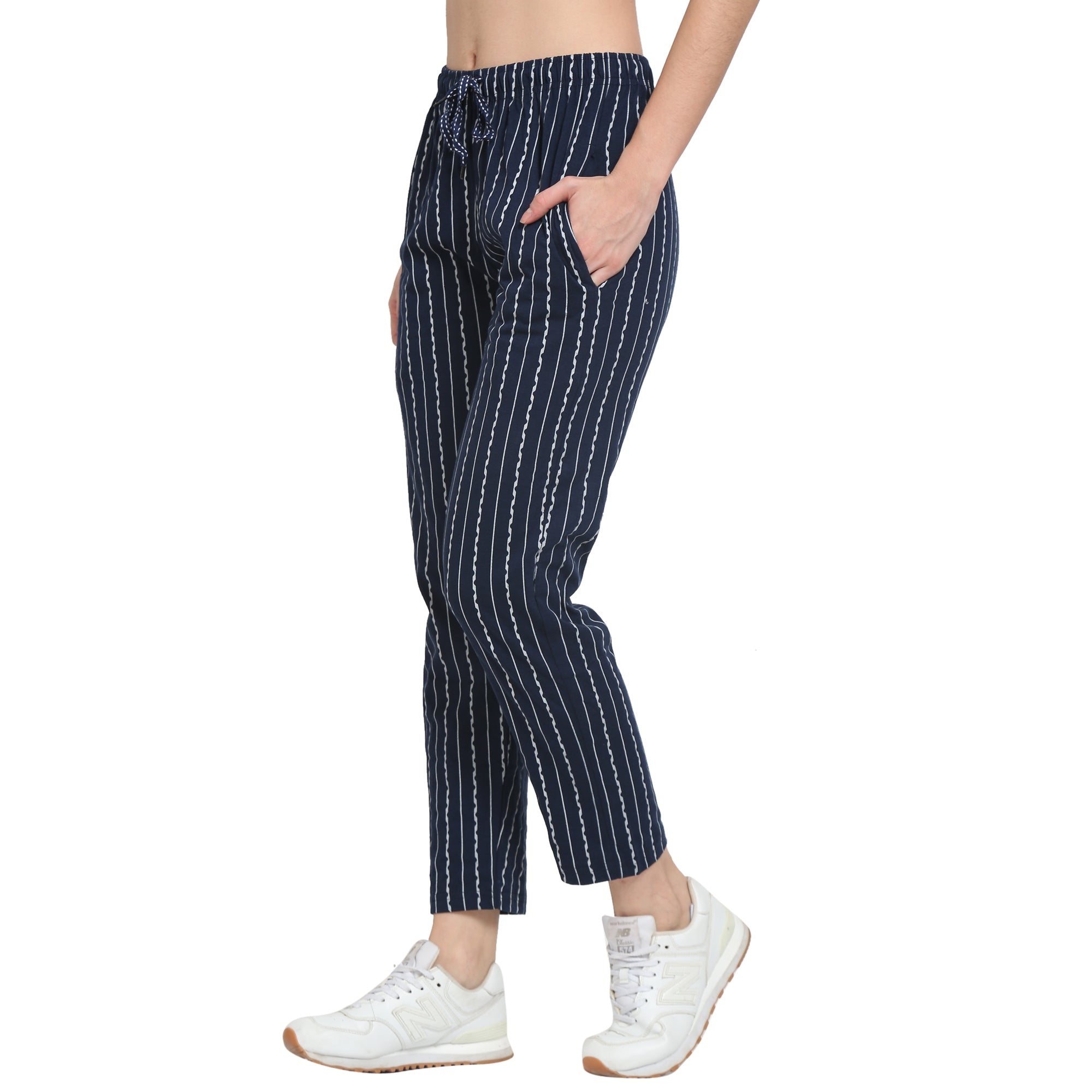 Women Lounge Printed Pants with chain pockets | White Line Print Navy Blue Colour