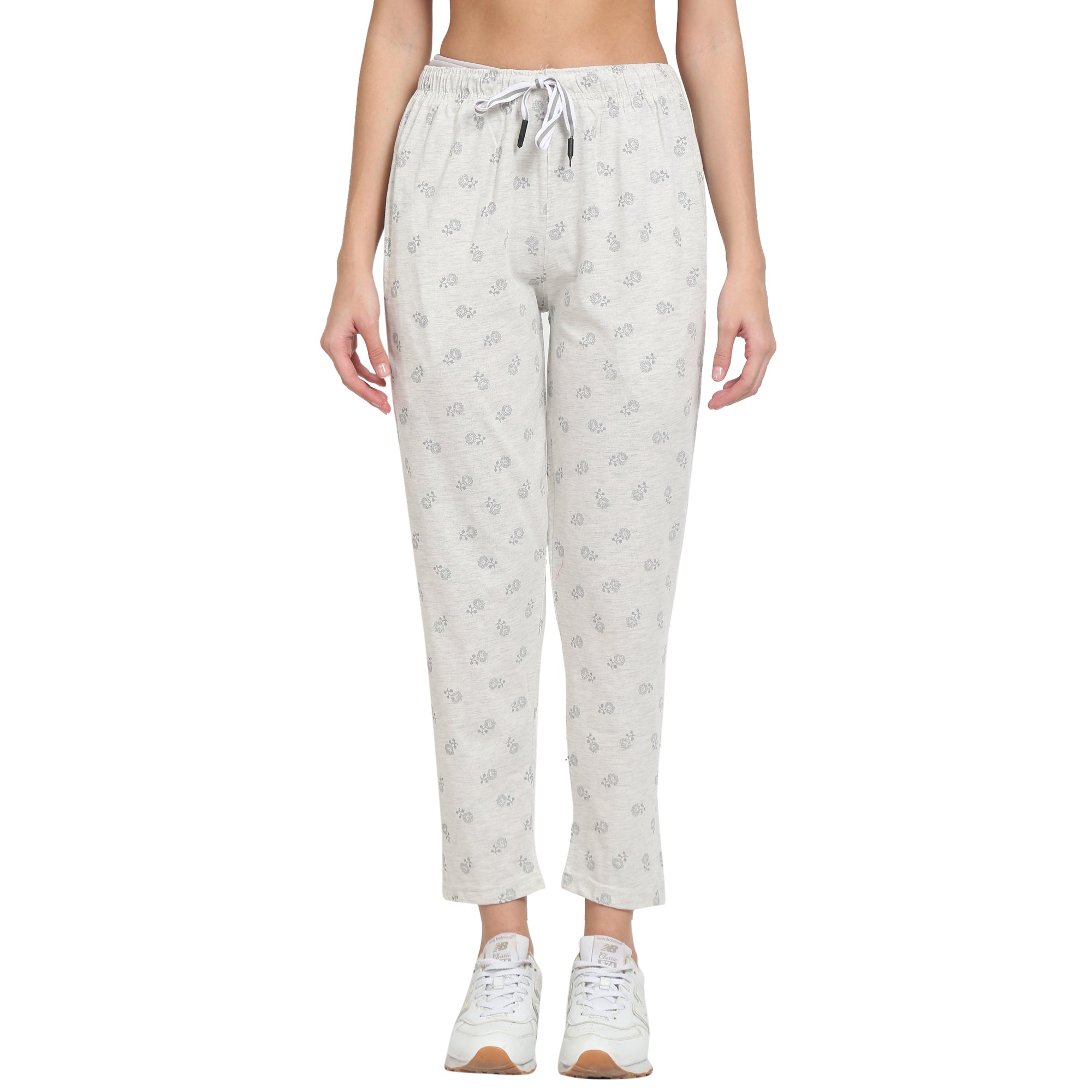 Women Lounge Printed Pants with chain pockets | Grey Flower Print Off White Colour
