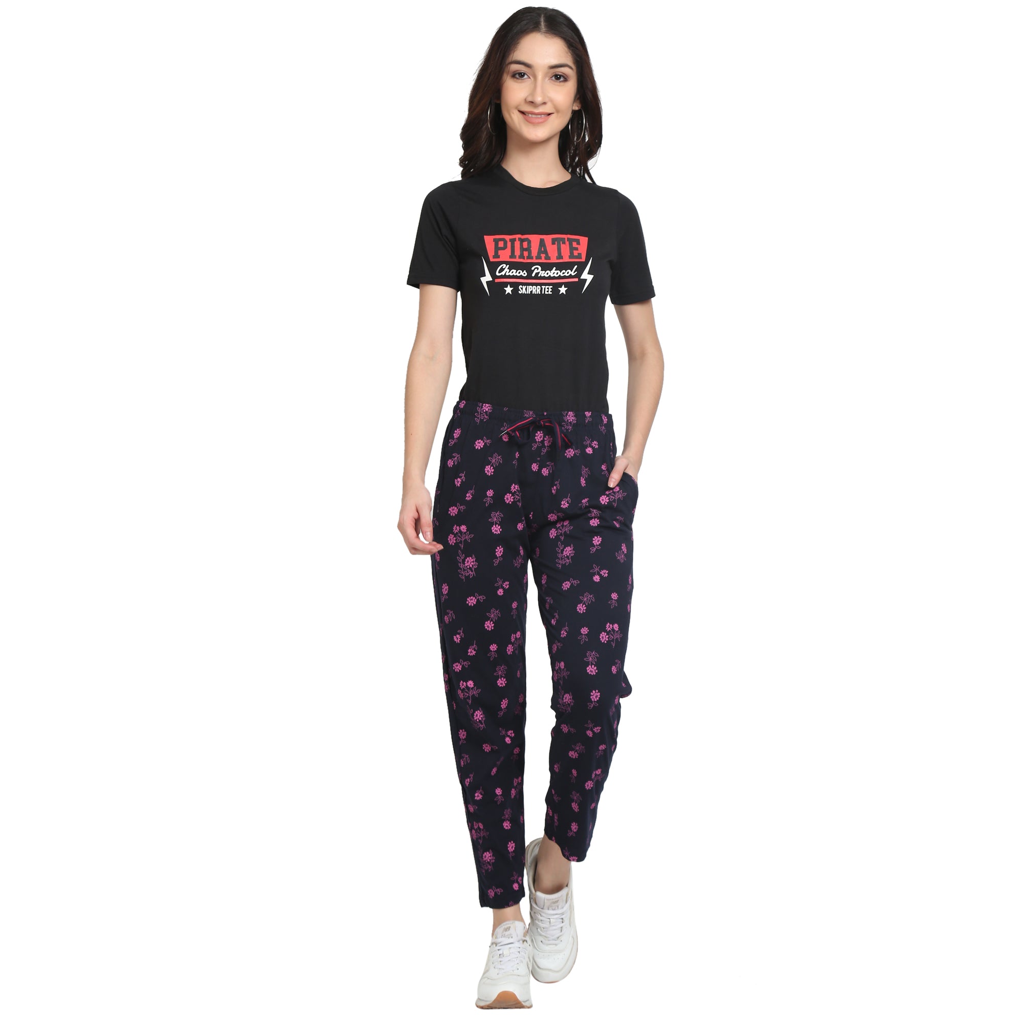 Women Lounge Printed Pants with chain pockets | Pink Flower Print Black Colour