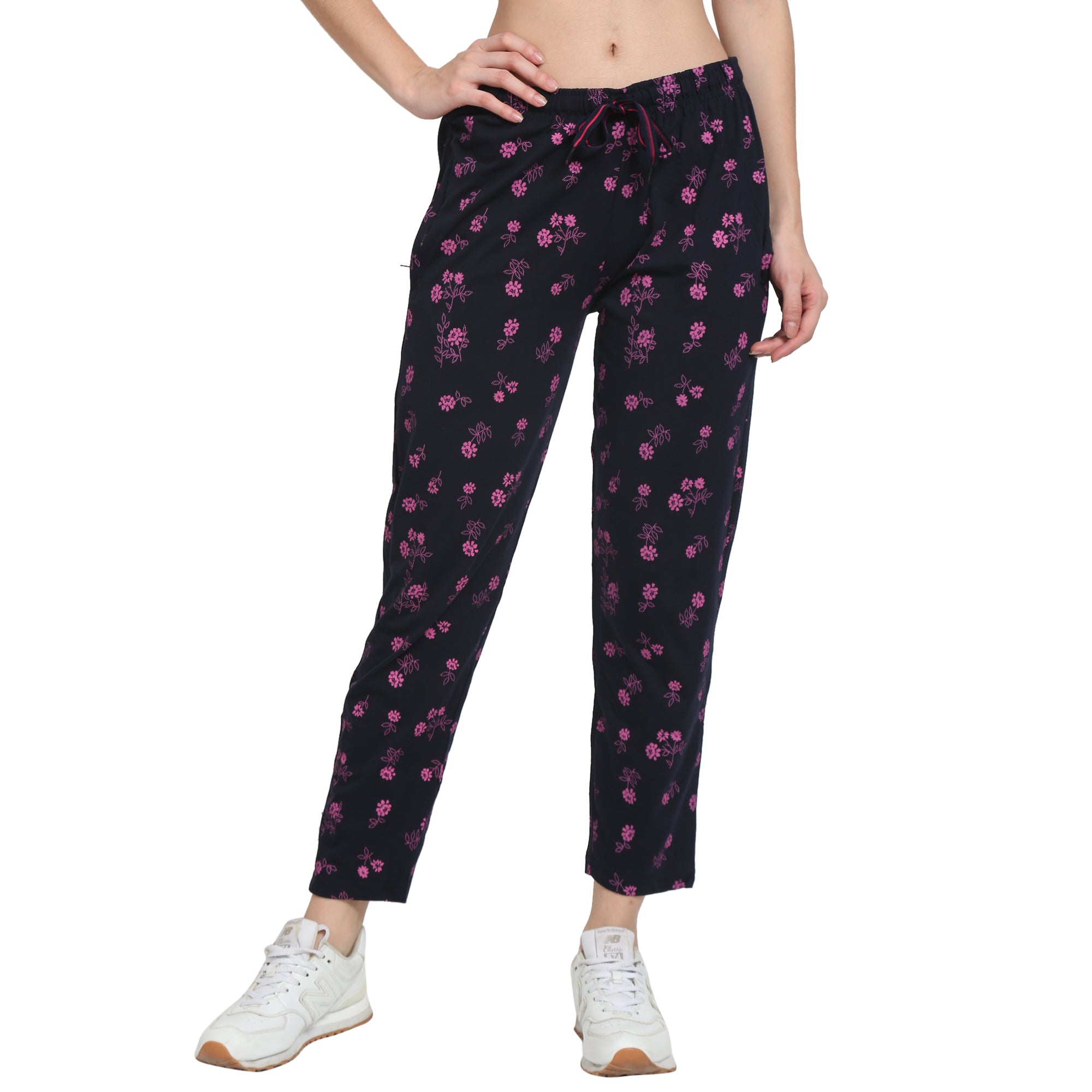 Women Lounge Printed Pants with chain pockets | Pink Flower Print Black Colour