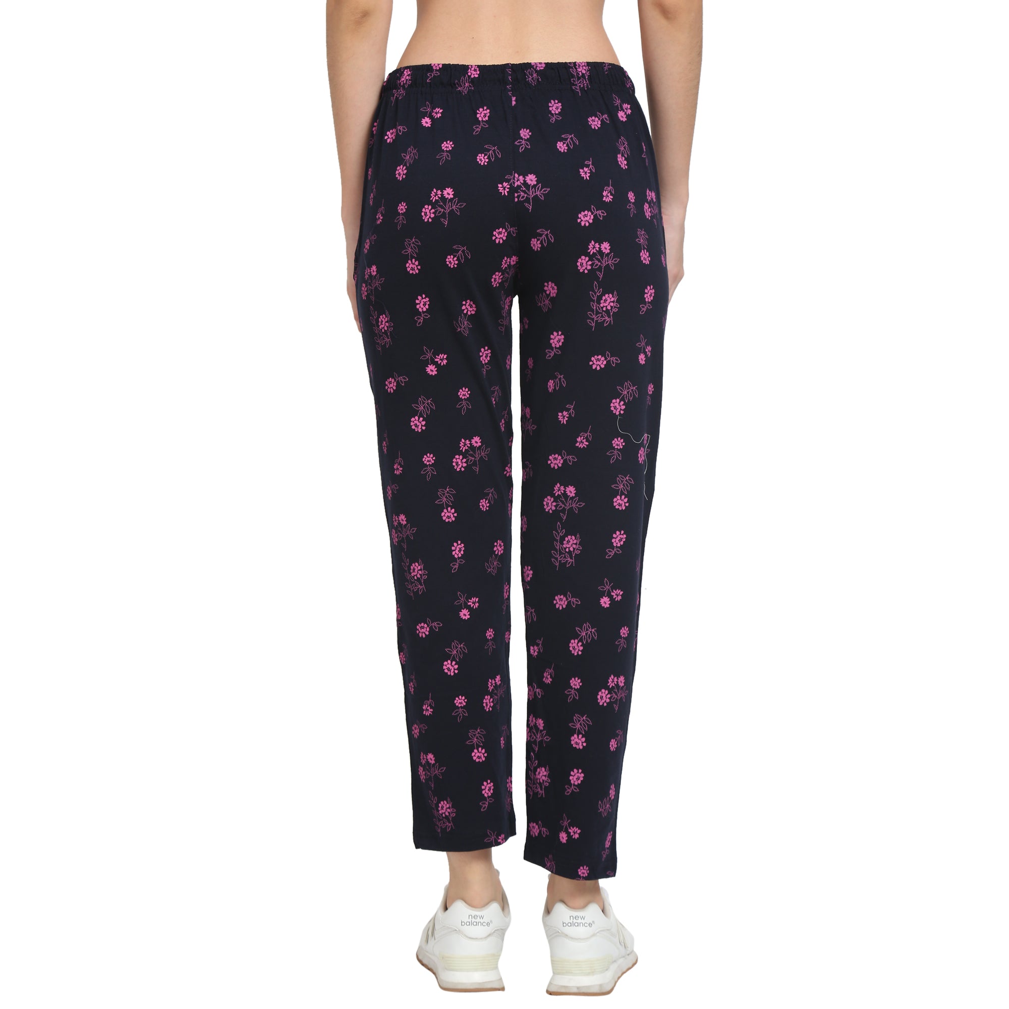 Women Lounge Printed Pants with chain pockets | Pink Flower Print Black Colour