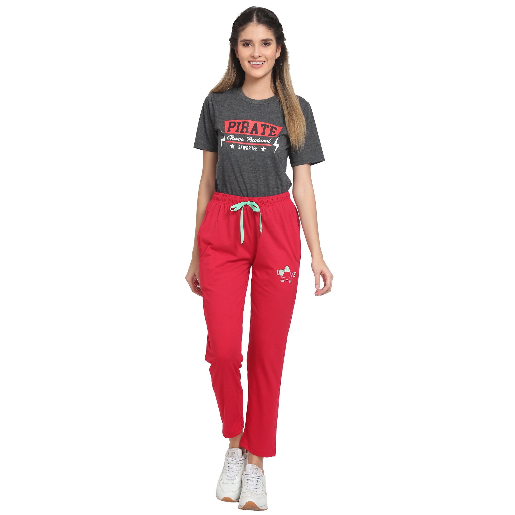 Women Lounge Plain Pants with chain pockets | Red Colour
