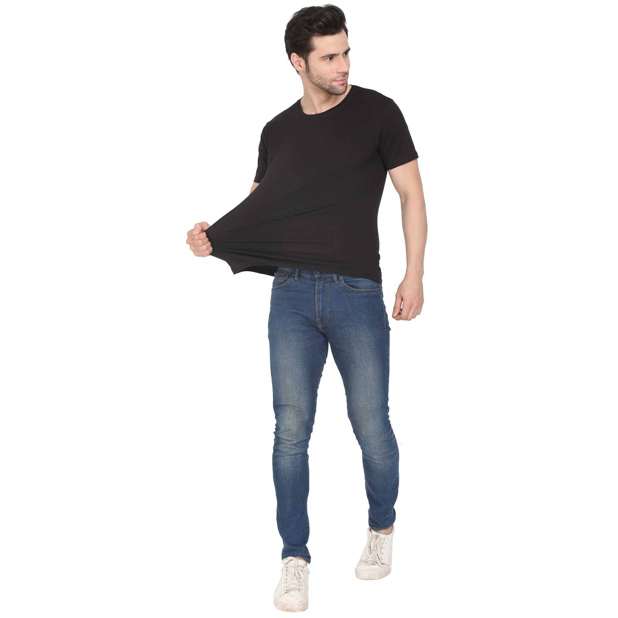 Men Four Way Stretch Cotton Plain T-shirt - Black Colour
