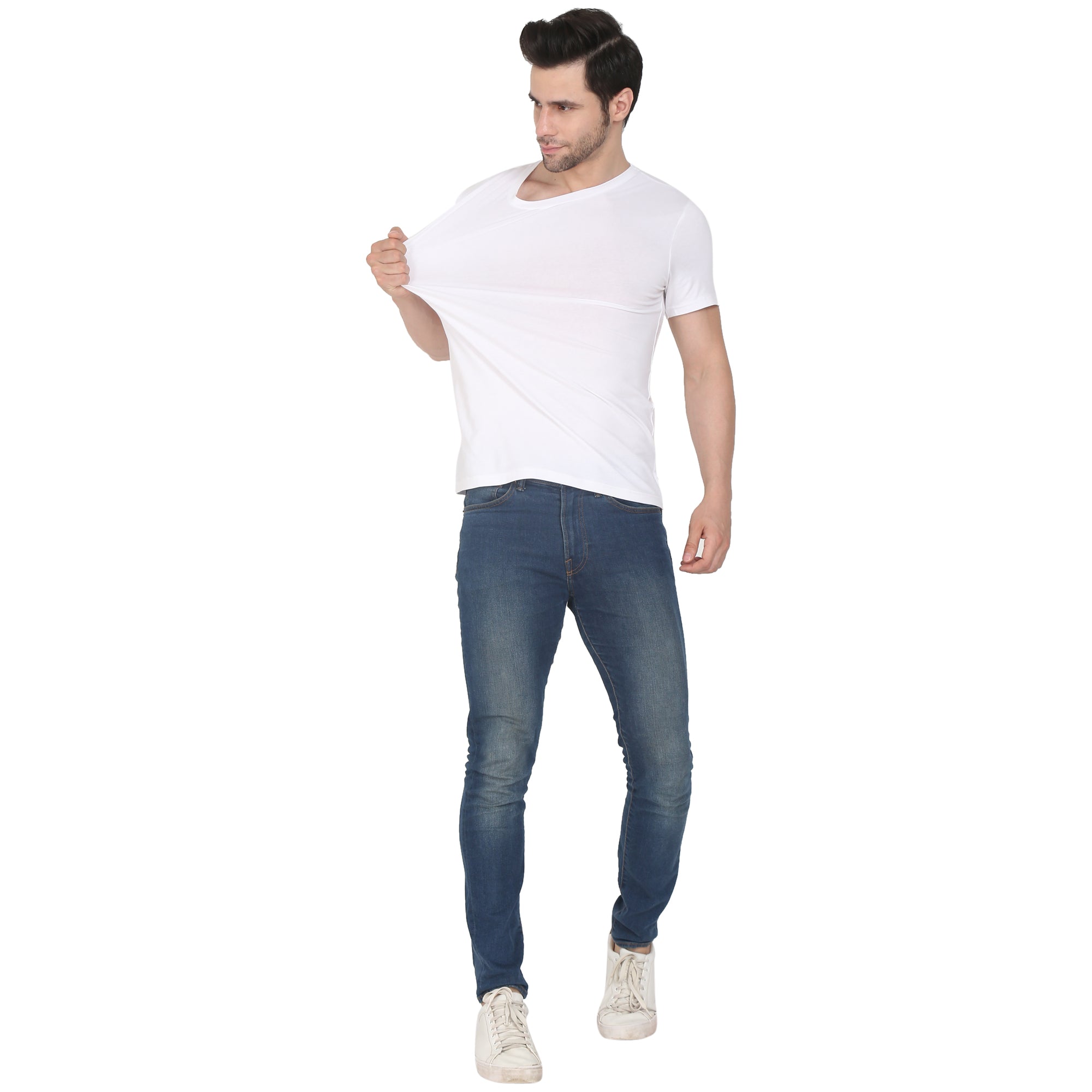 Men Four Way Stretch Cotton Plain T-shirt - White Colour