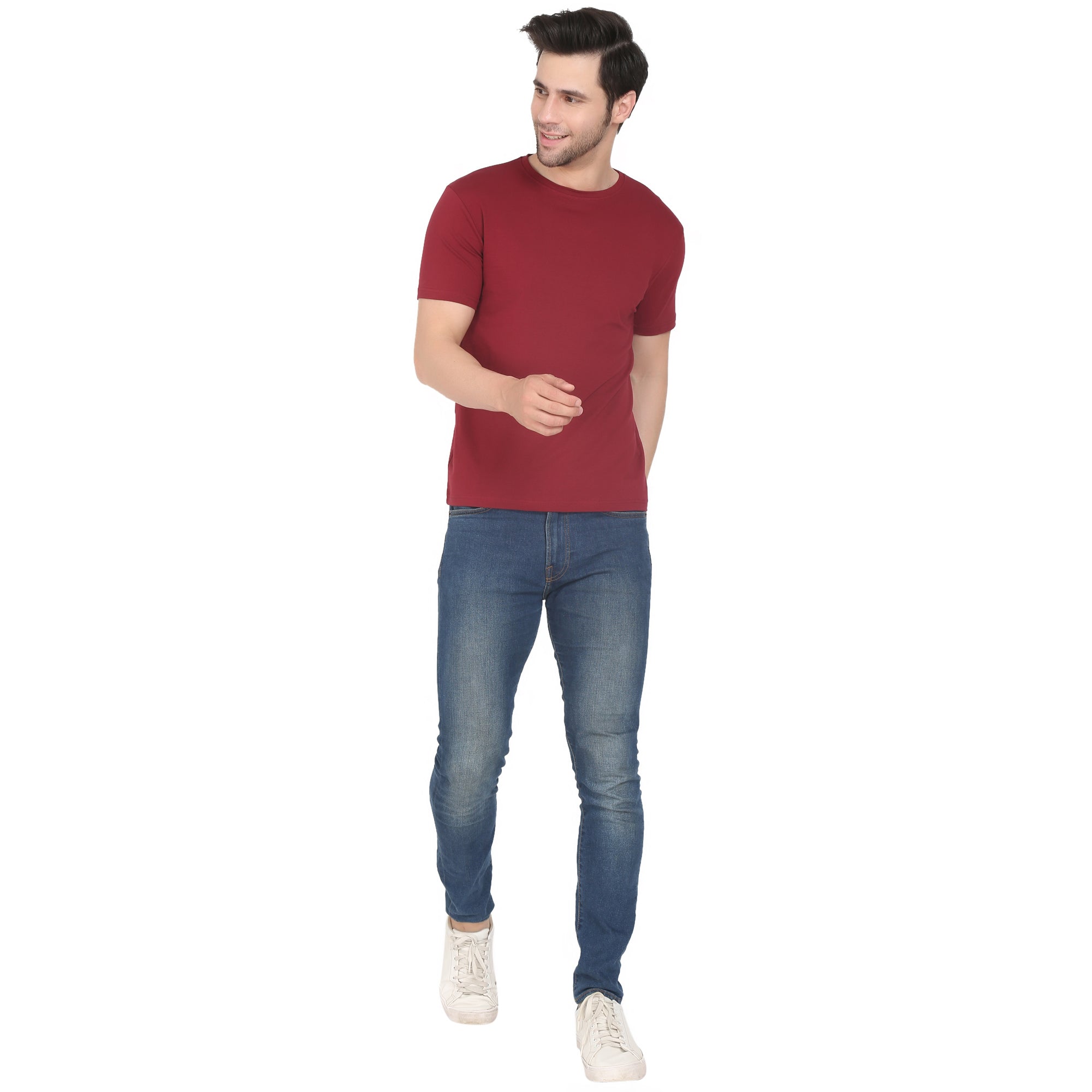 Men Four Way Stretch Cotton Plain T-shirt - Maroon Colour