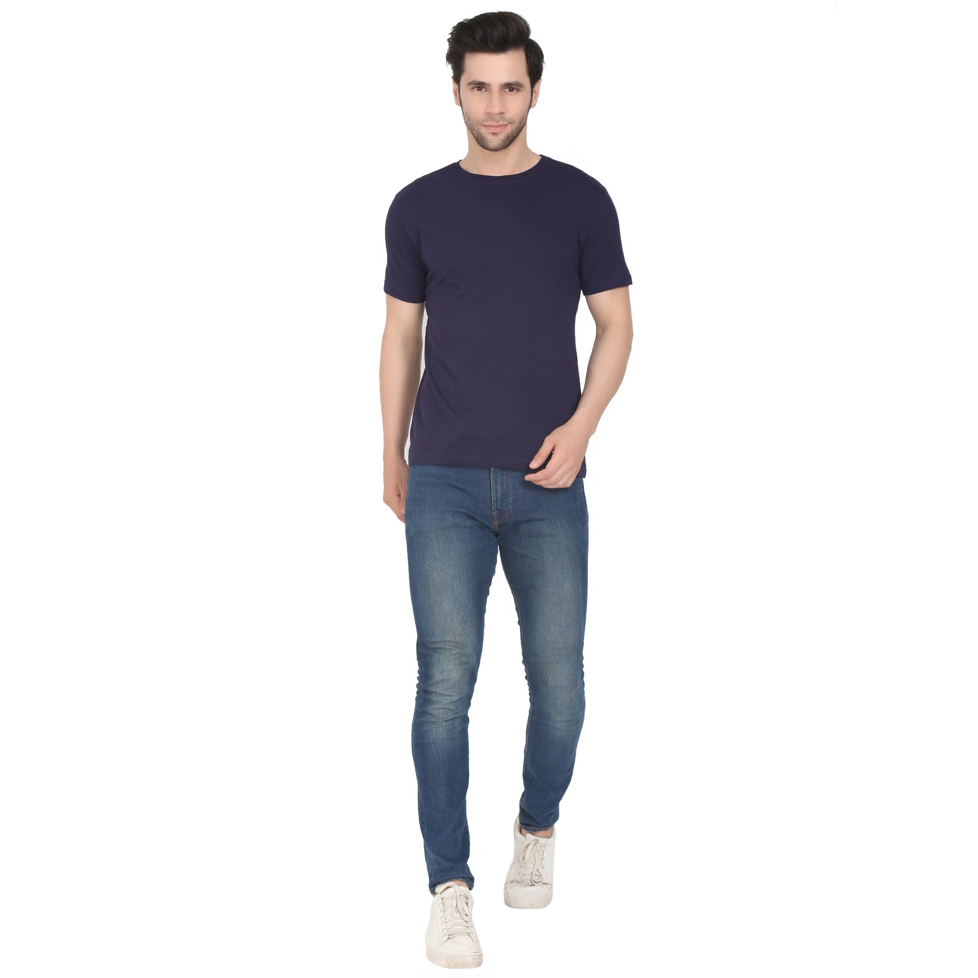 Men Four Way Stretch Cotton Plain T-shirt - Navy Blue Colour