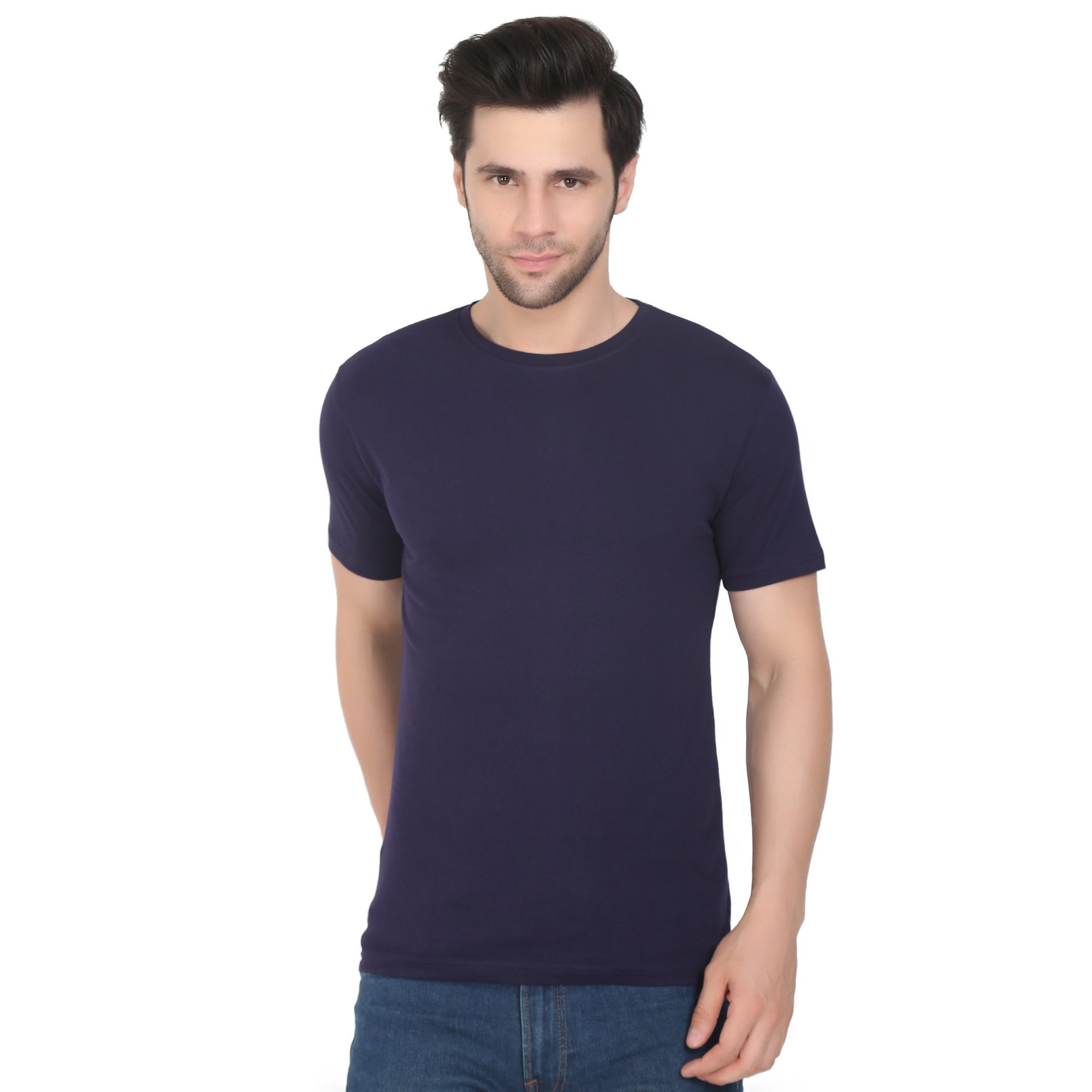 Men Four Way Stretch Cotton Plain T-shirt - Navy Blue Colour