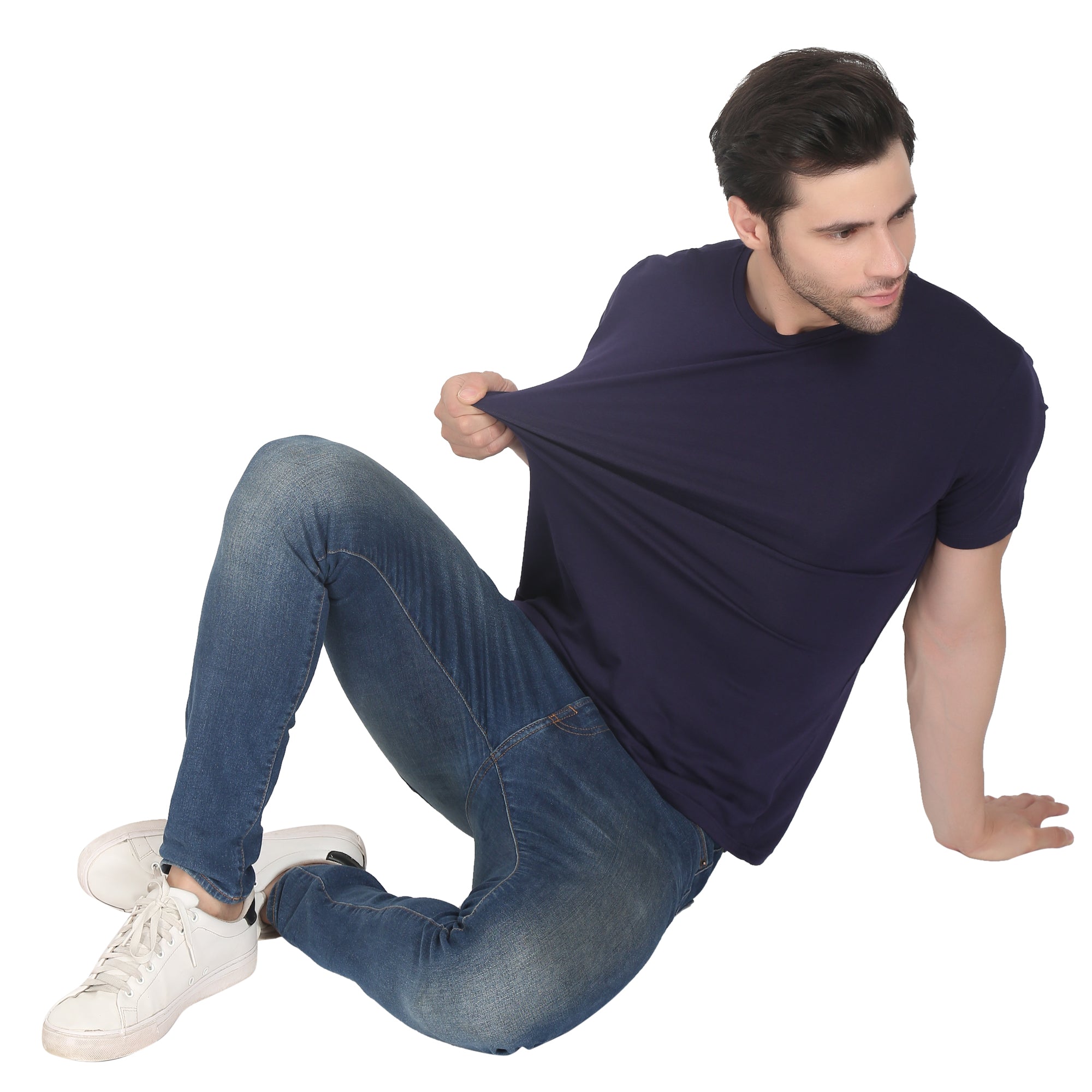 Men Four Way Stretch Cotton Plain T-shirt - Navy Blue Colour