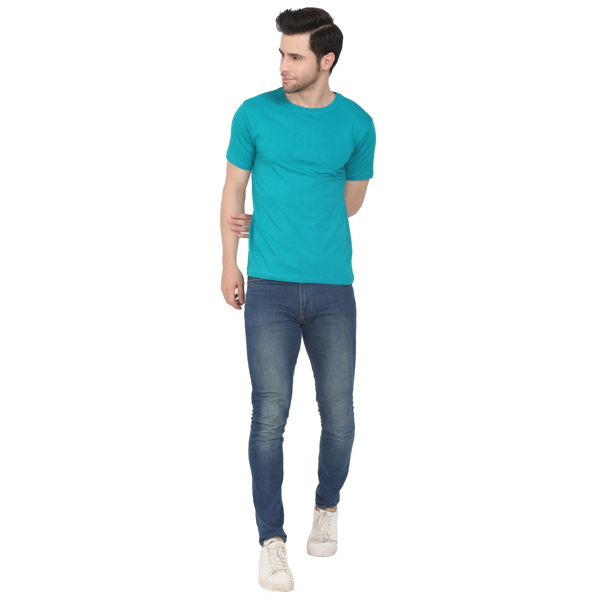 Men Four Way Stretch Cotton Plain T-shirt - Cyan Colour