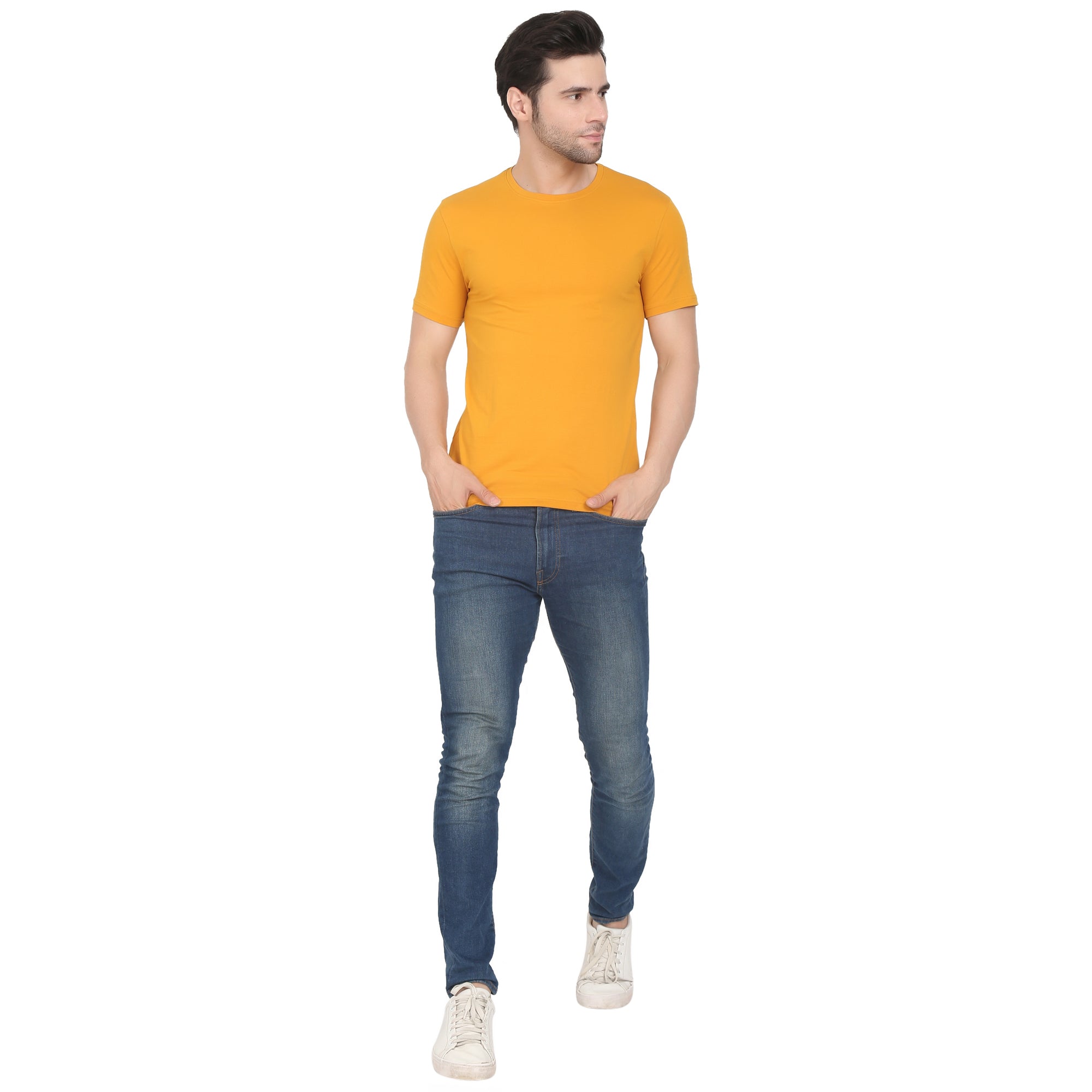 Men Four Way Stretch Cotton Plain T-shirt - Mustard Yellow Colour