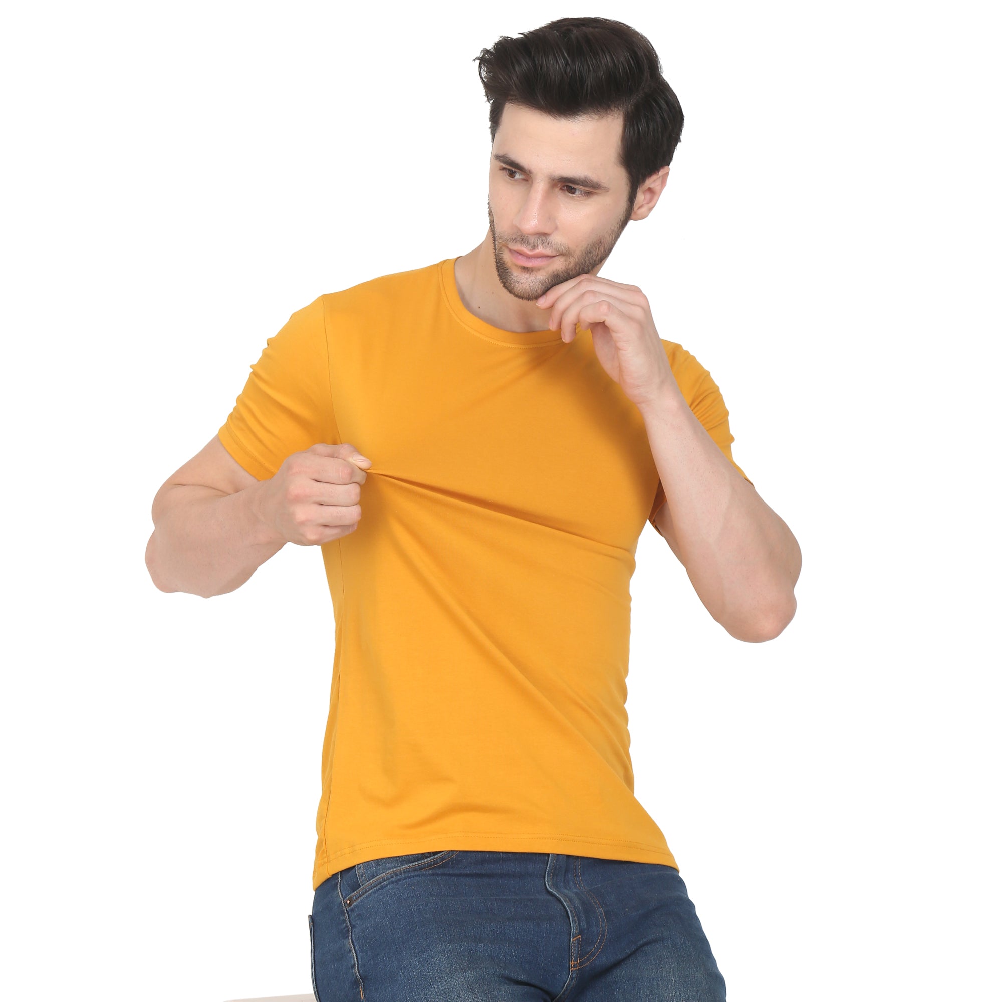 Men Four Way Stretch Cotton Plain T-shirt - Mustard Yellow Colour