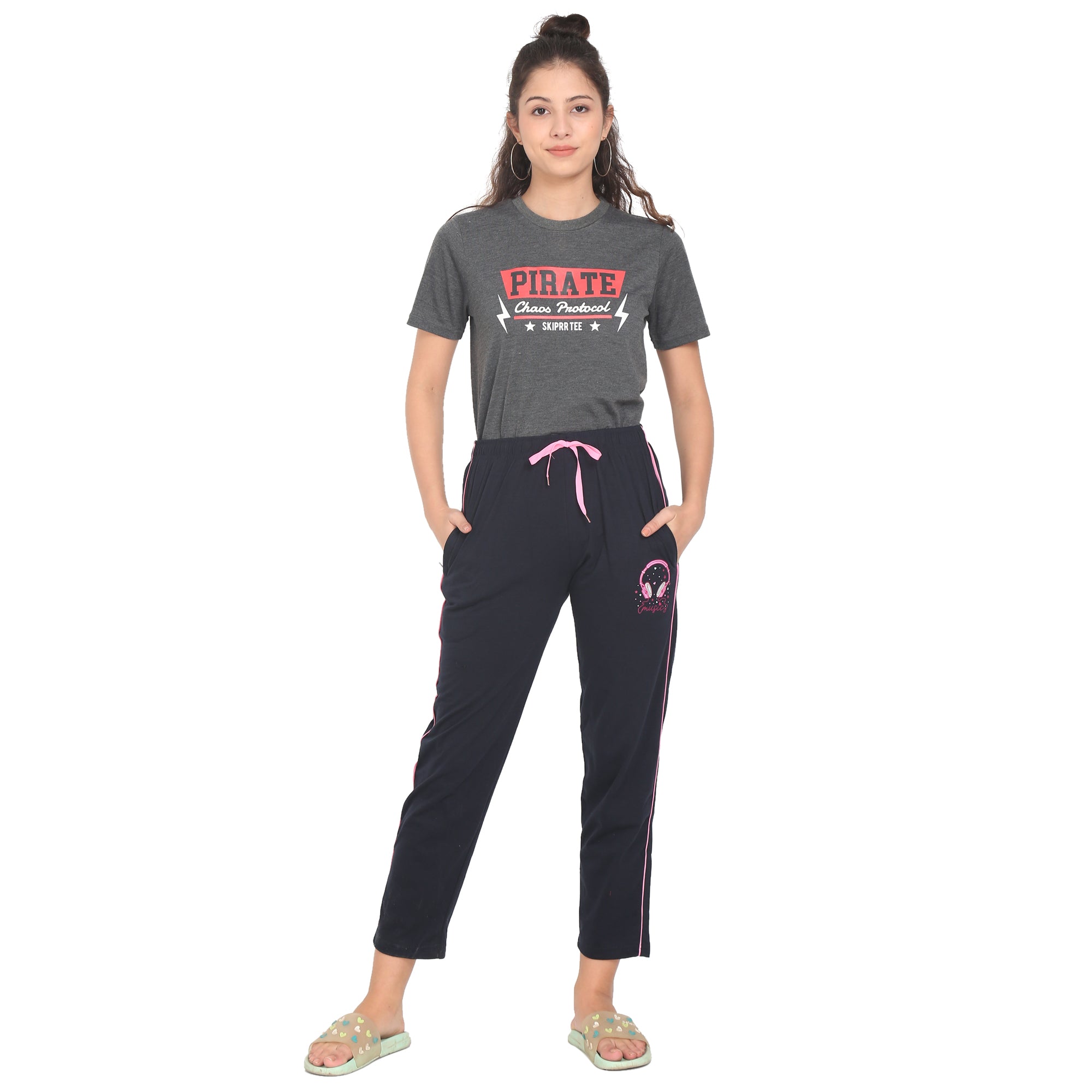 Women Lounge Plain Pants with chain pockets | Pink Stripe with Black Colour