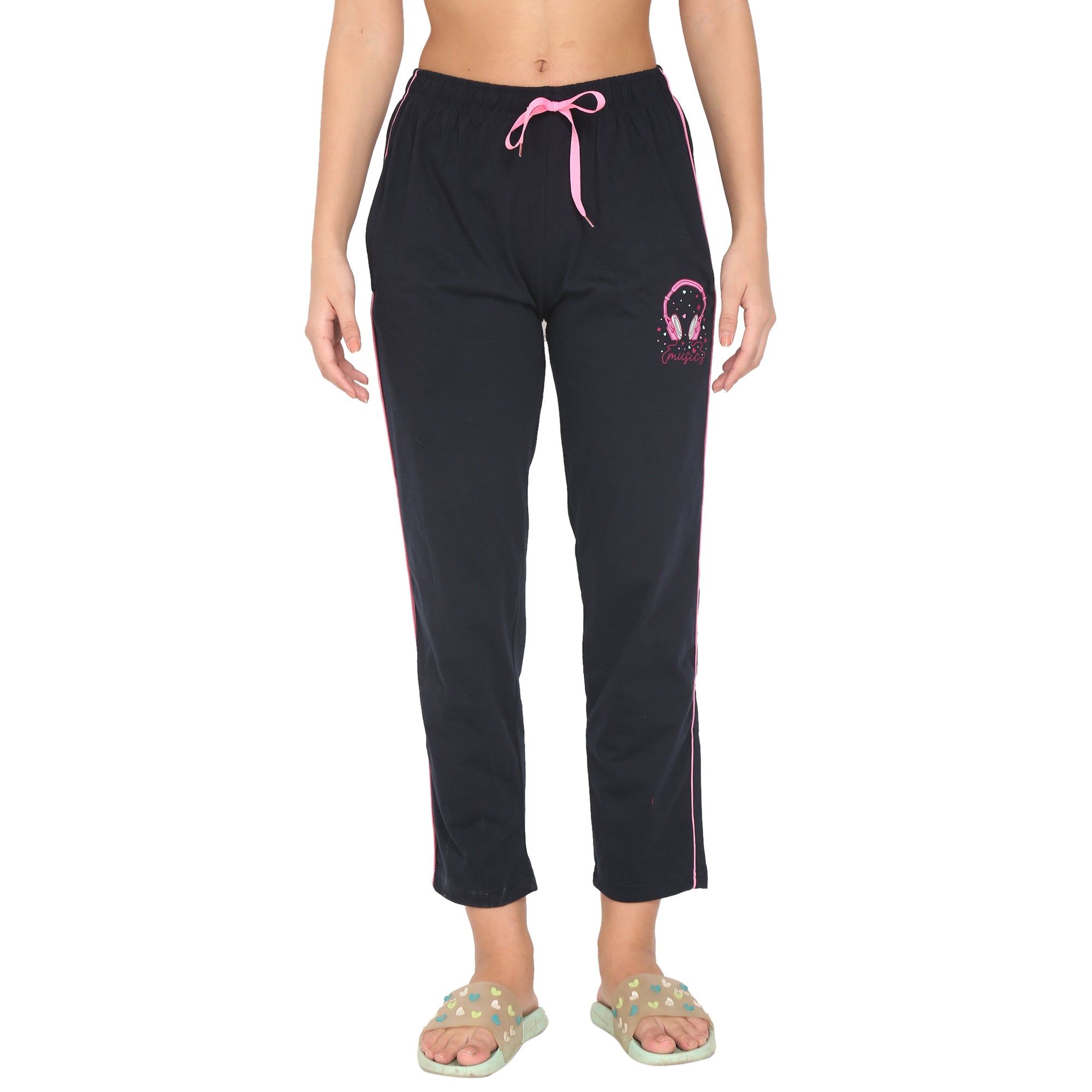 Women Lounge Plain Pants with chain pockets | Pink Stripe with Black Colour