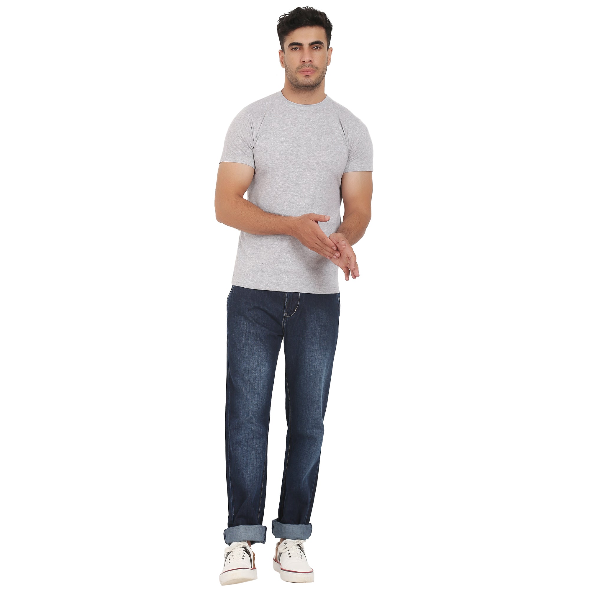 Men Crew Neck Cotton T-Shirts - Half Sleeves, Light Grey Colour
