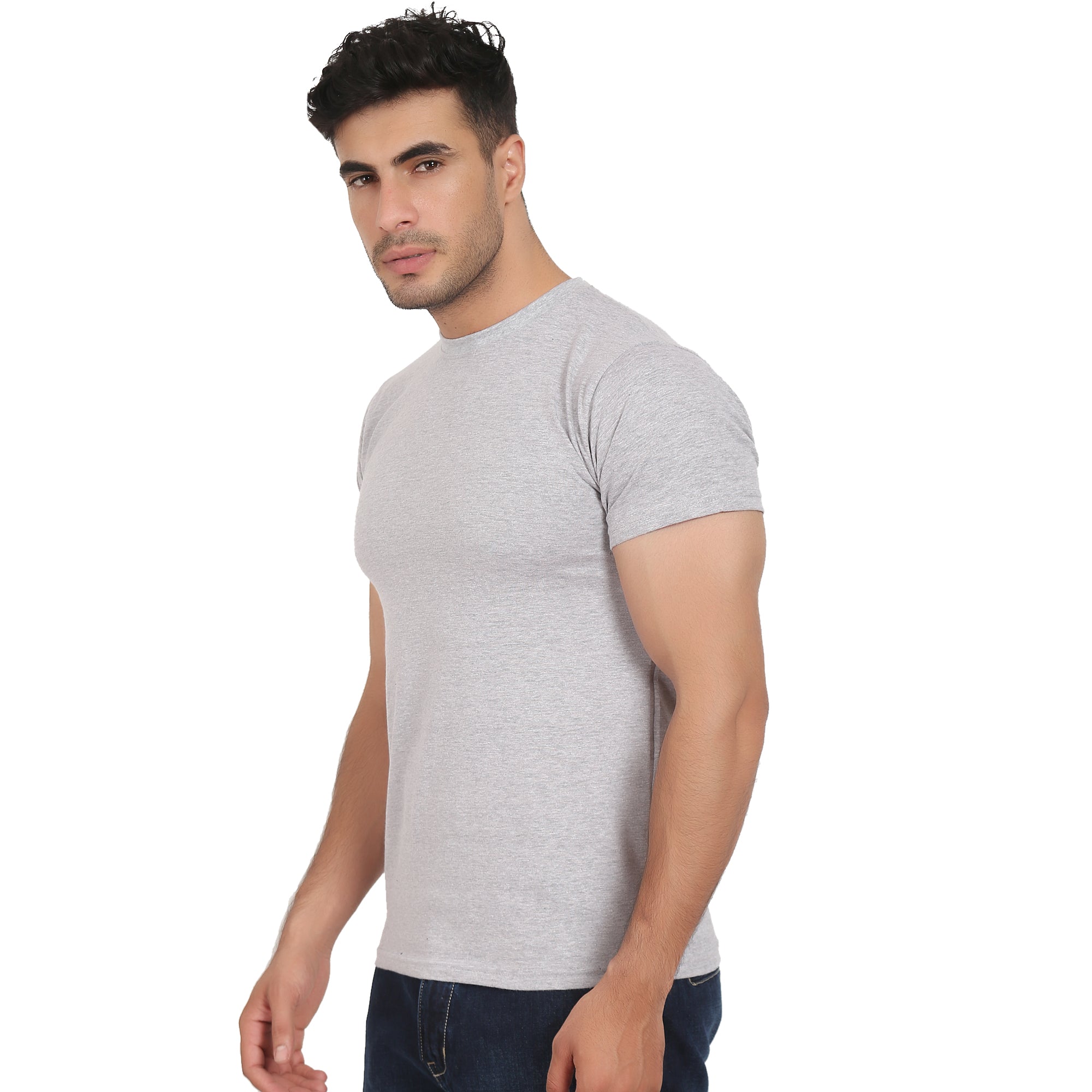 Men Crew Neck Cotton T-Shirts - Half Sleeves, Light Grey Colour