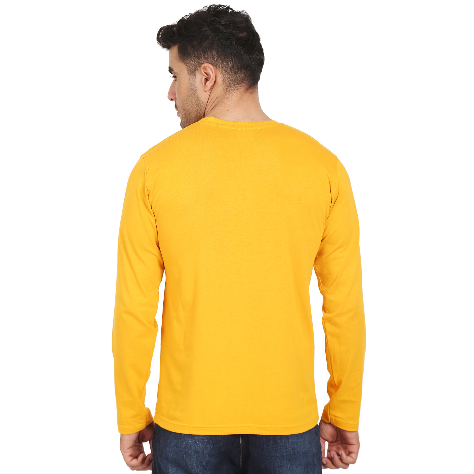 Men Crew Neck Cotton T-Shirts - Full Sleeves, Yellow Colour