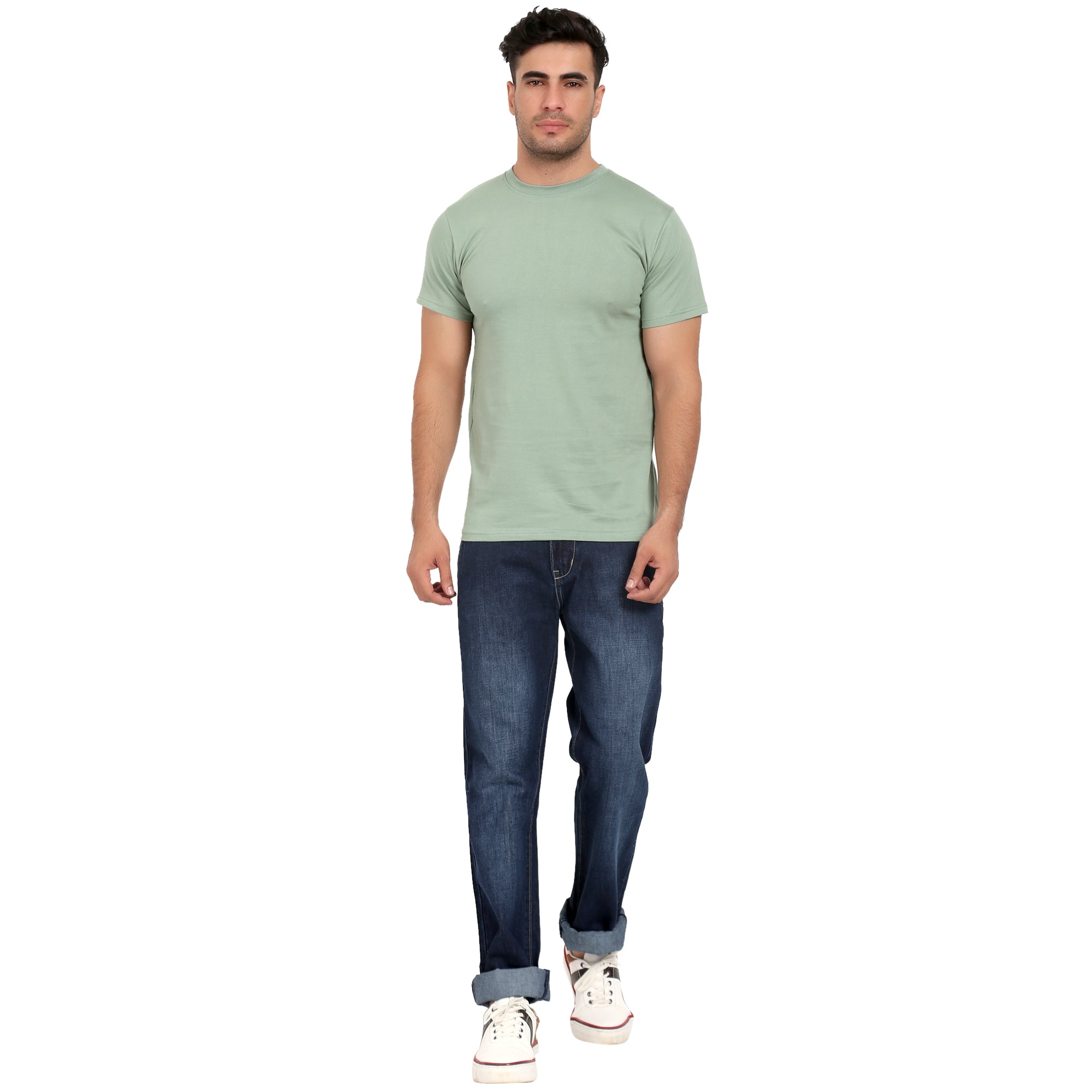 Men Crew Neck Cotton T-Shirts - Half Sleeves, Olive Colour