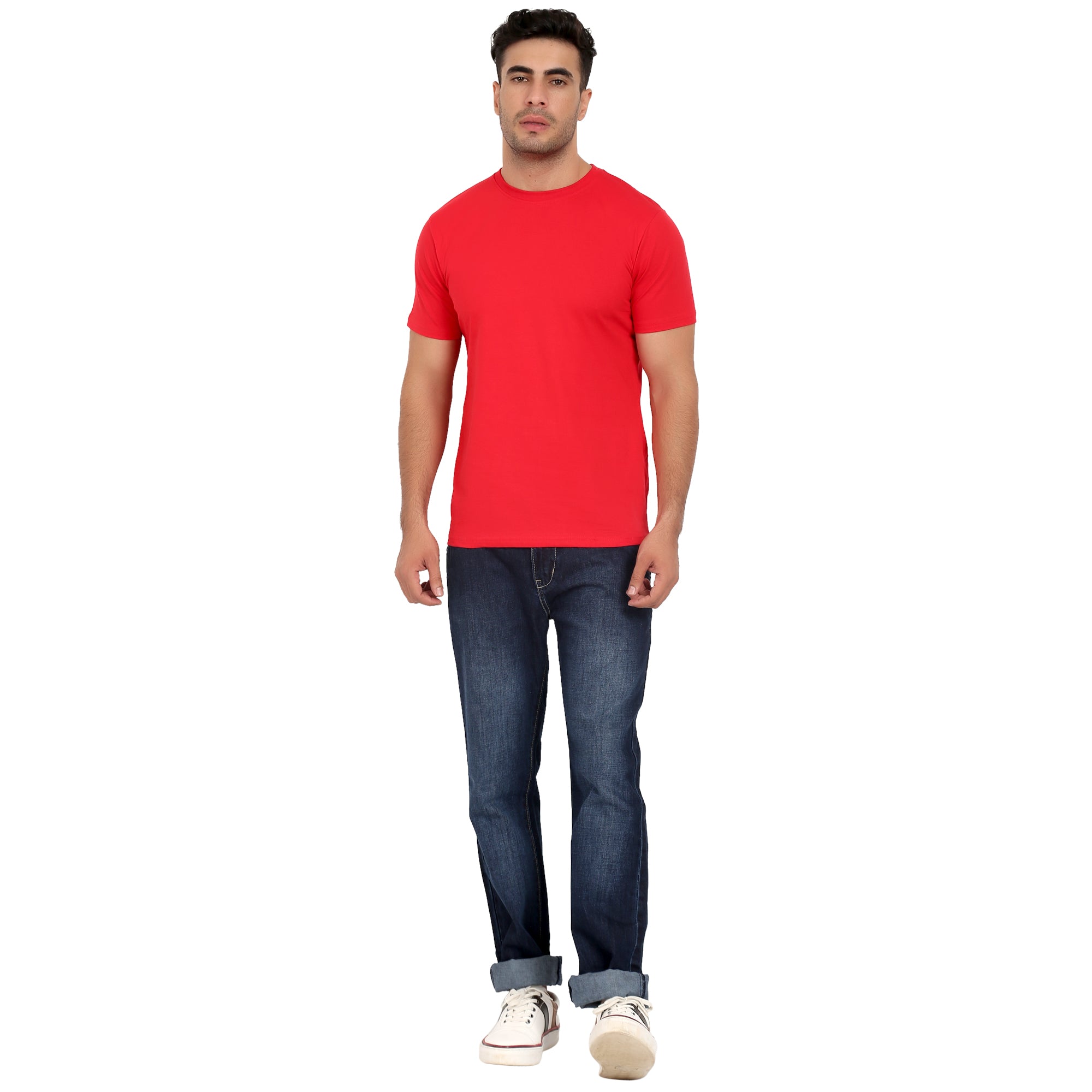 Men Crew Neck Cotton T-Shirts - Half Sleeves, Red Colour