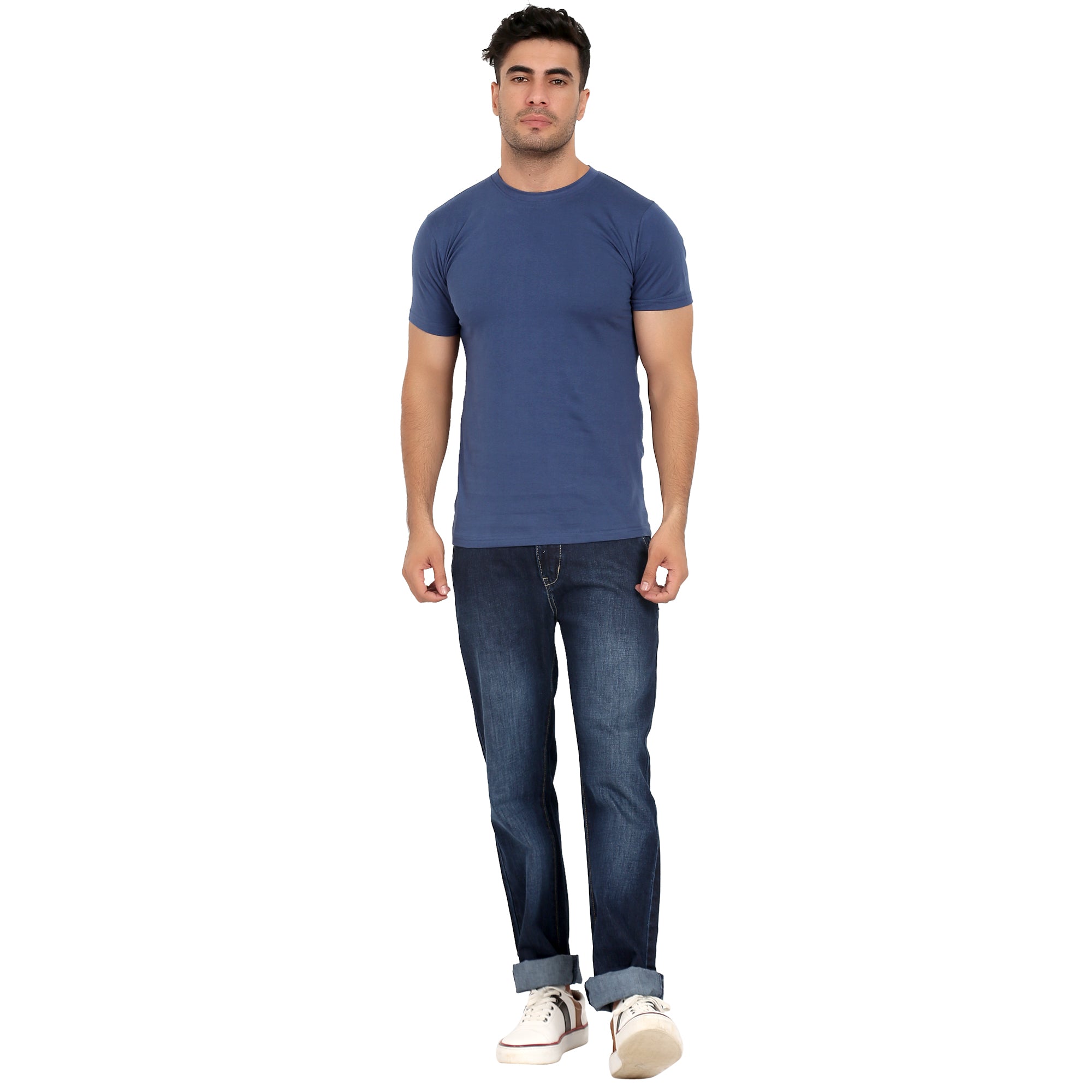 Men Crew Neck Cotton T-Shirts - Half Sleeves, Blue Colour