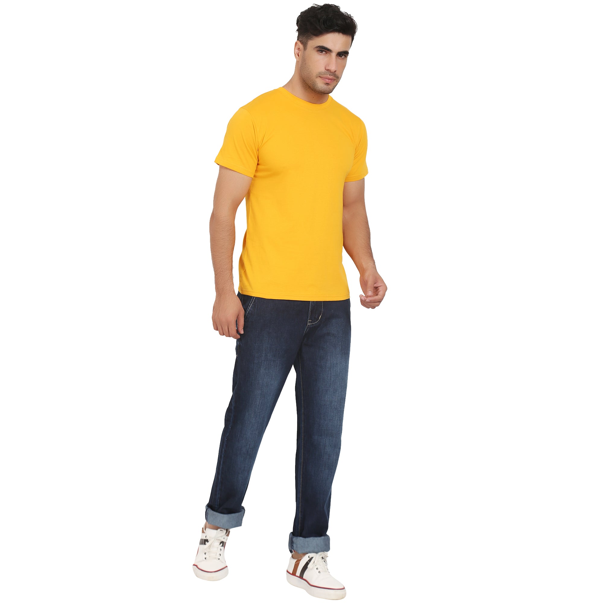 Men Crew Neck Cotton T-Shirts - Half Sleeves, Yellow Colour