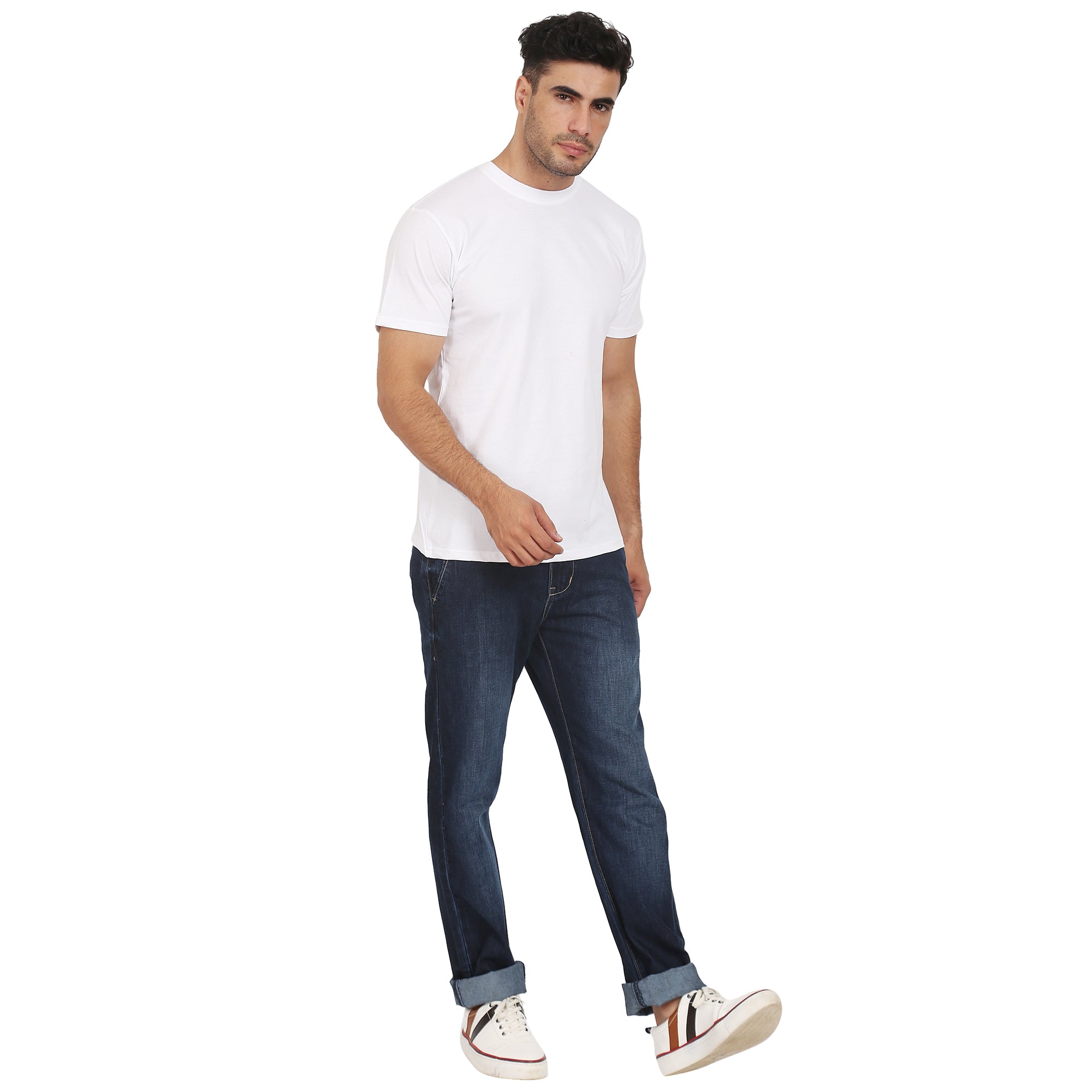Men Crew Neck Cotton T-Shirts - Half Sleeves, White Colour