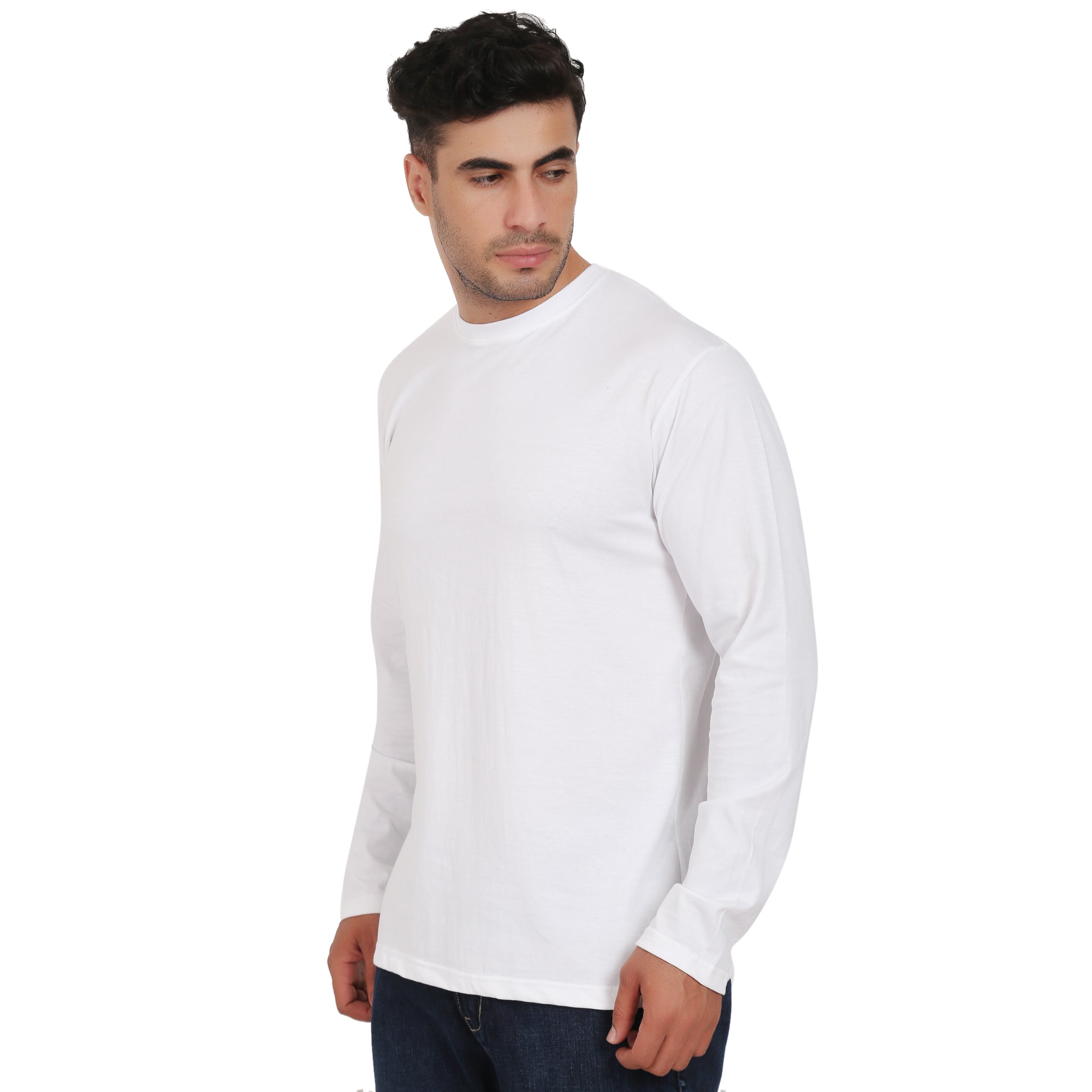 Men Crew Neck Cotton T-Shirts - Full Sleeves, White Colour