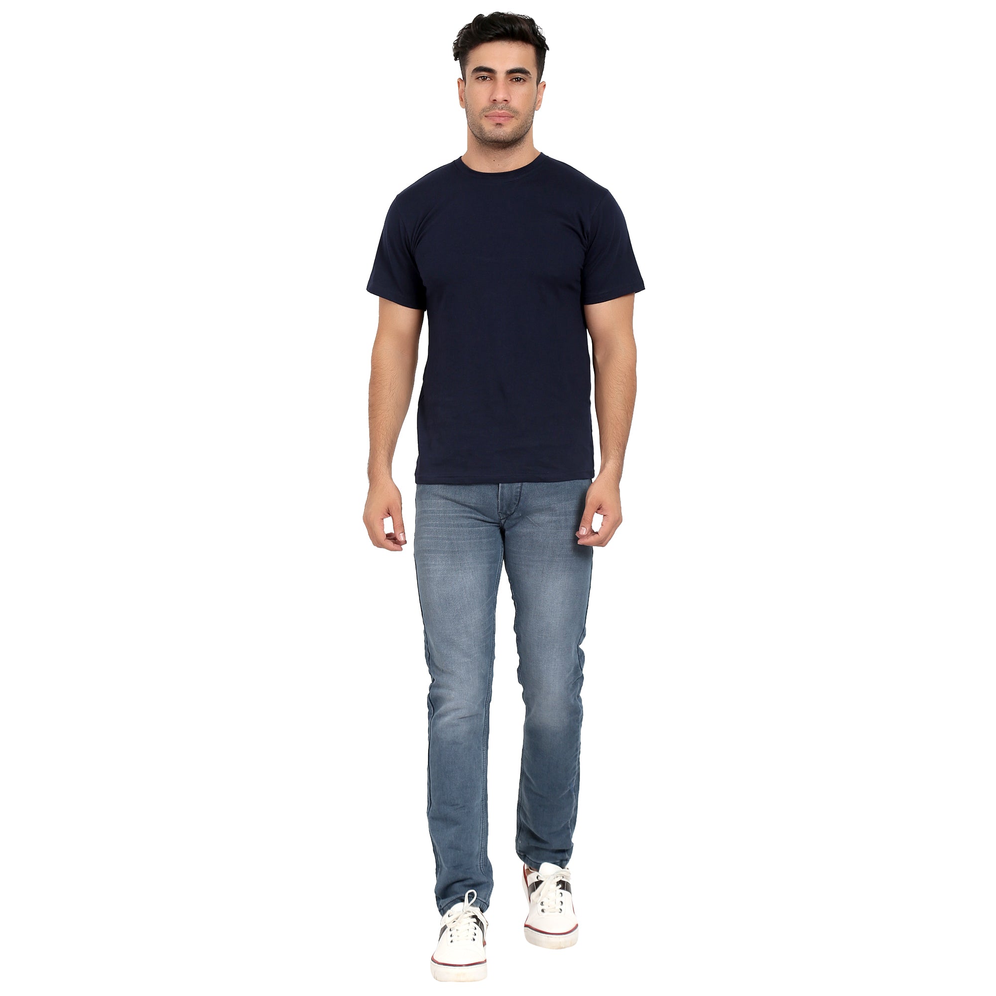 Men Crew Neck Cotton T-Shirts - Half Sleeves, Blue Colour