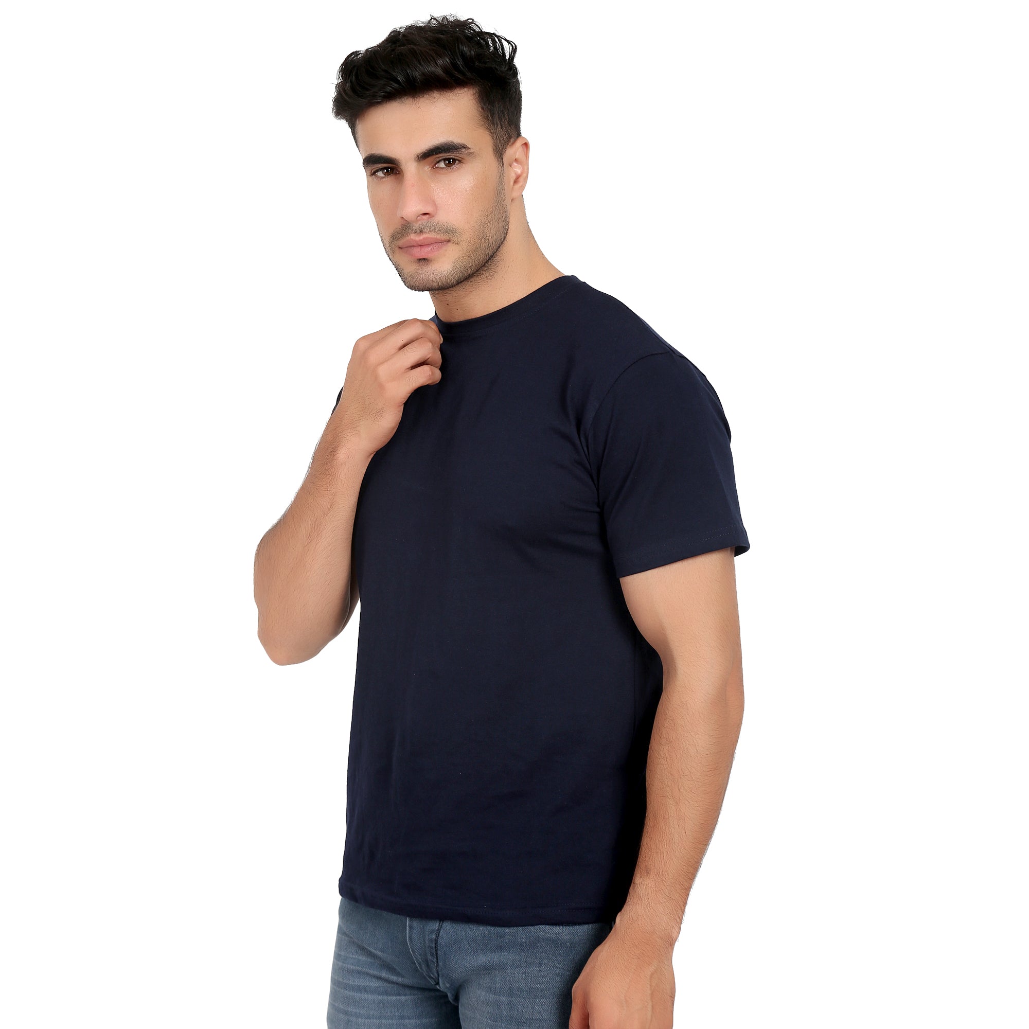 Men Crew Neck Cotton T-Shirts - Half Sleeves, Blue Colour