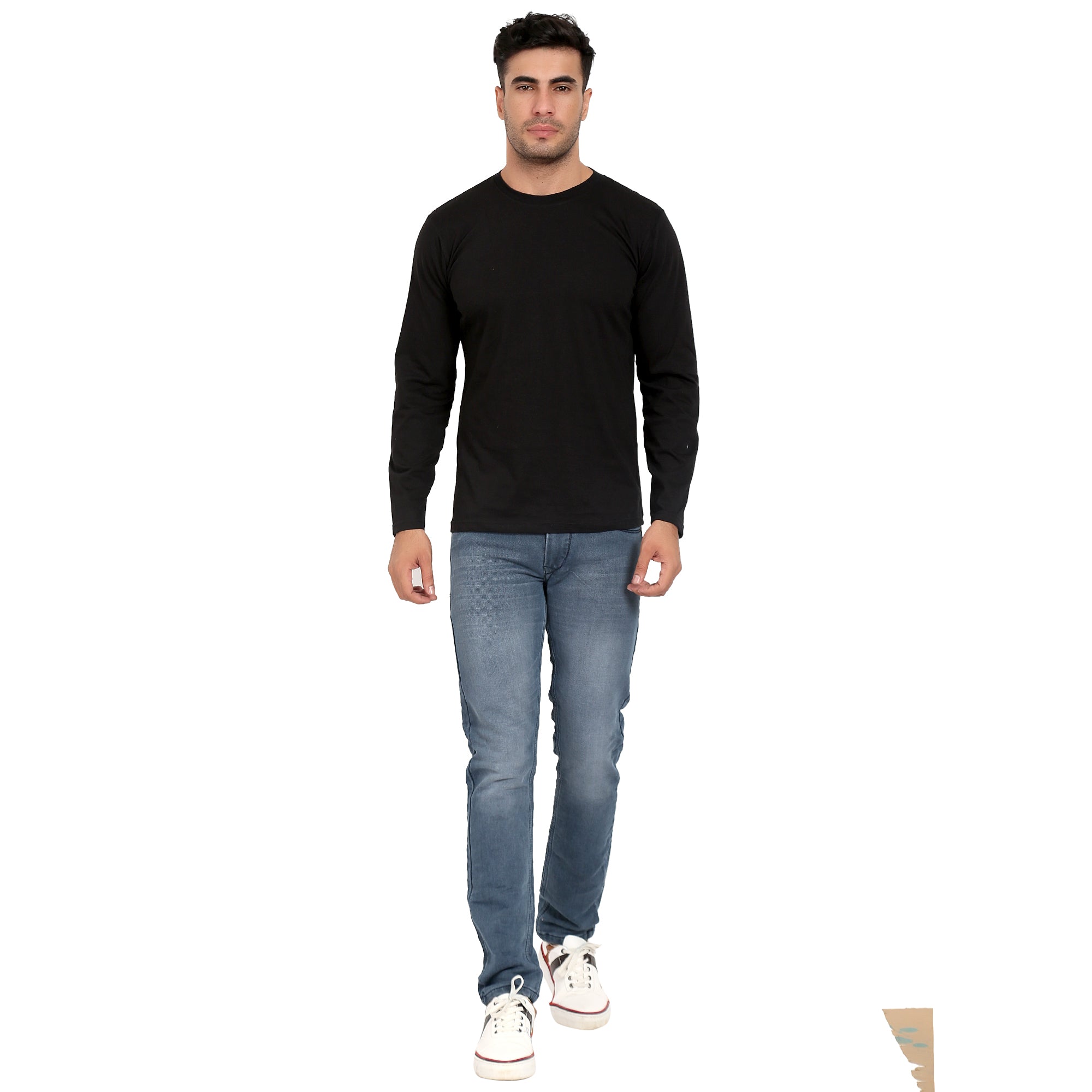 Men Crew Neck Cotton T-Shirts - Full Sleeves, Black Colour